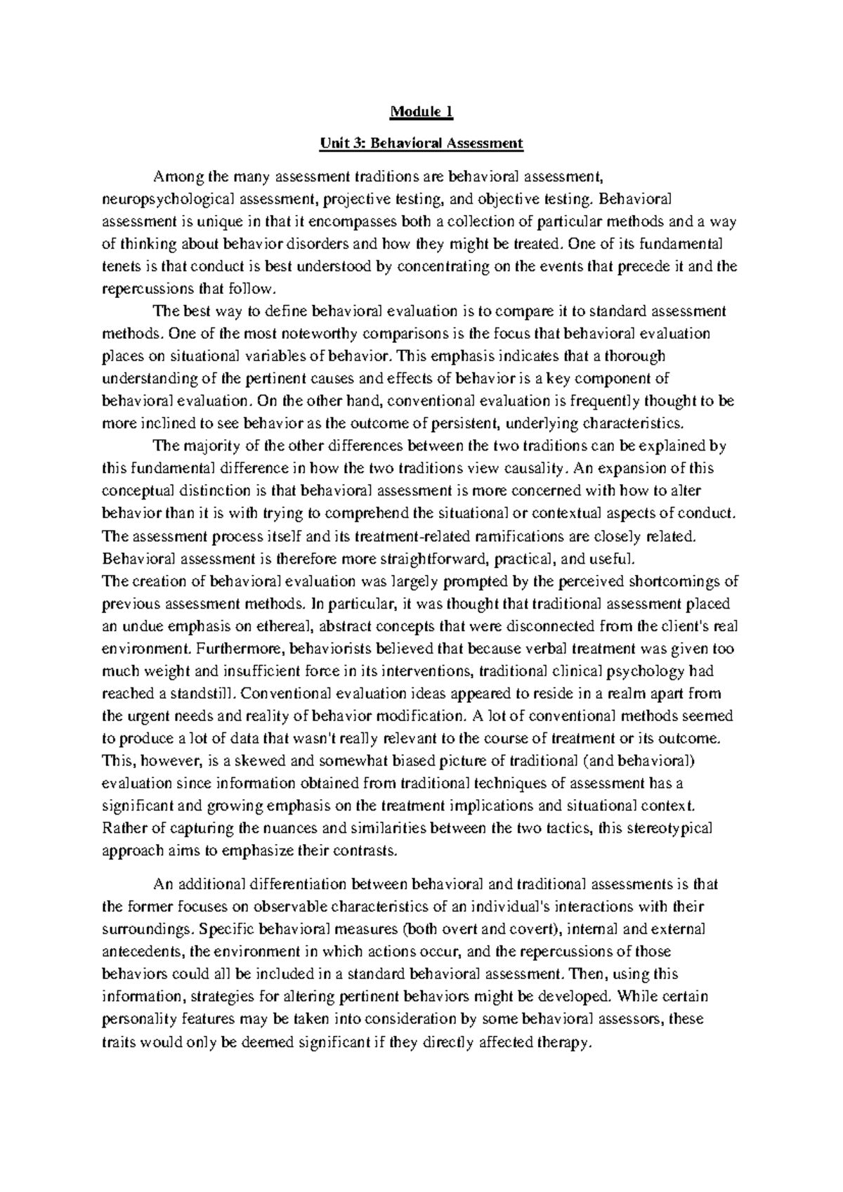 Mod 1 Unit 3: Behavioral Assessment Overview and Techniques - Studocu