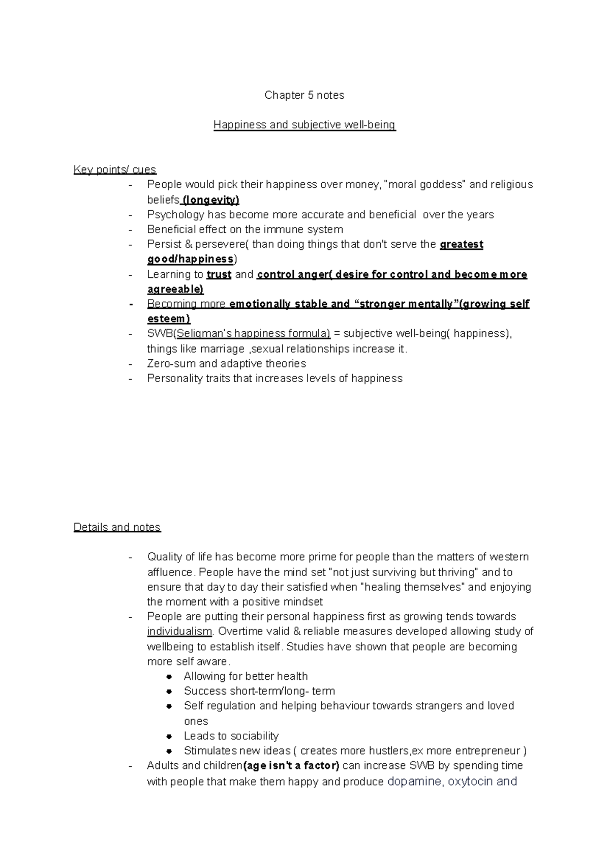 Chapter 5 notes-2 - nites - Chapter 5 notes Happiness and subjective ...