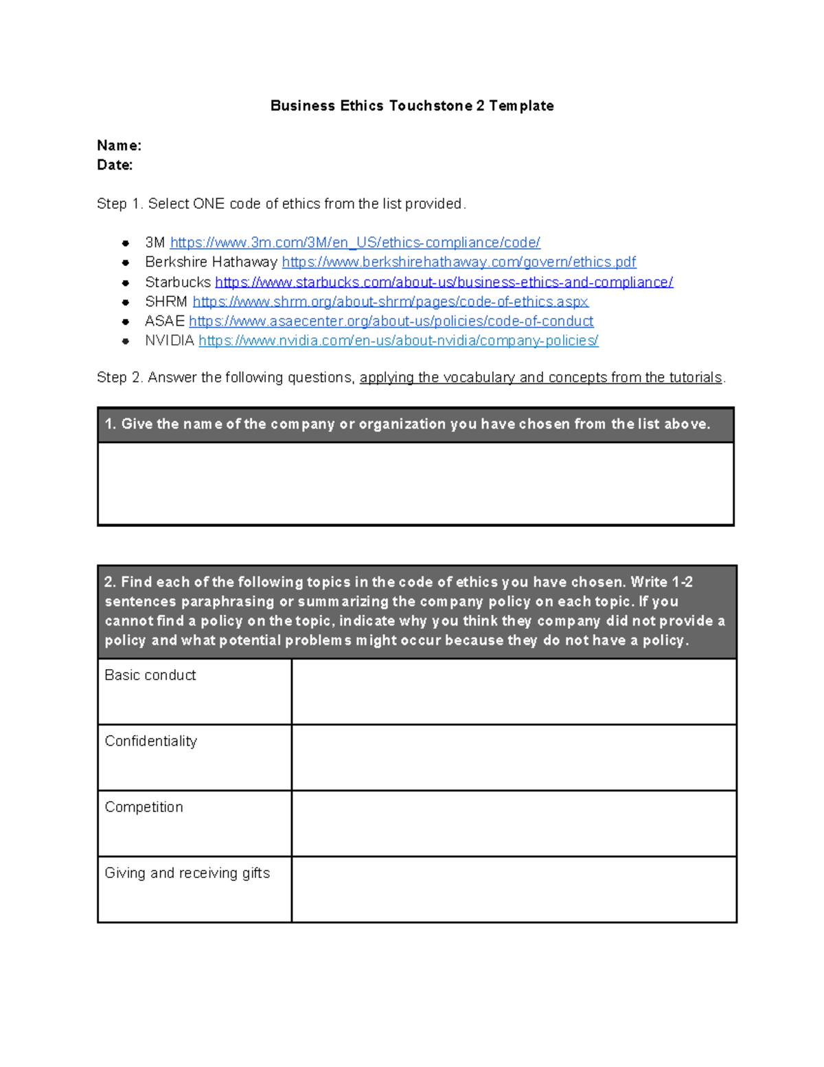 Business Ethics Touchstone 2: Code Analysis Template - Studocu