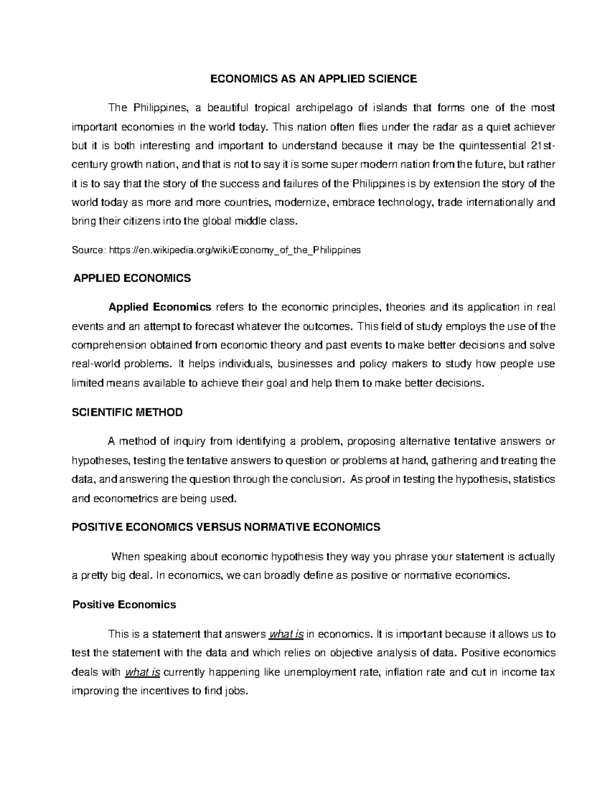 LESSON 1: INTRODUCTION TO APPLIED ECONOMICS (ECO 101) - Key Concepts ...