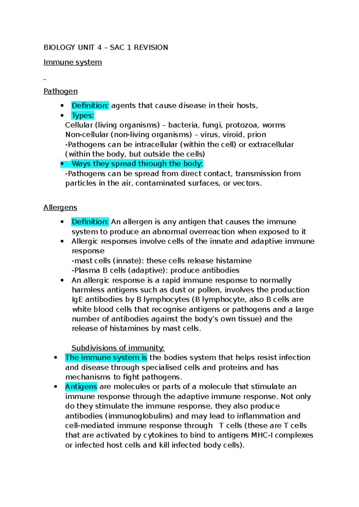 Biology UNIT 4 SAC 1 Revision: Immune System and Pathogens Overview ...