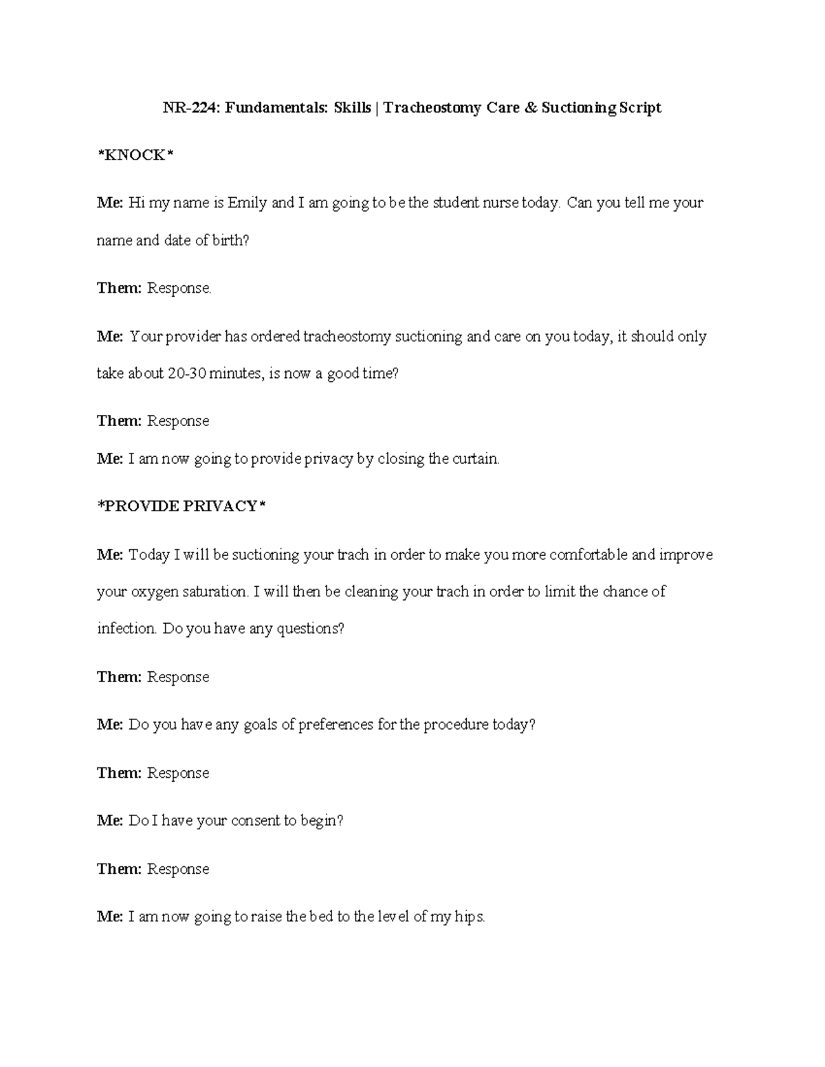 NR 224 Tracheostomy Care & Suctioning Procedure Script - Studocu