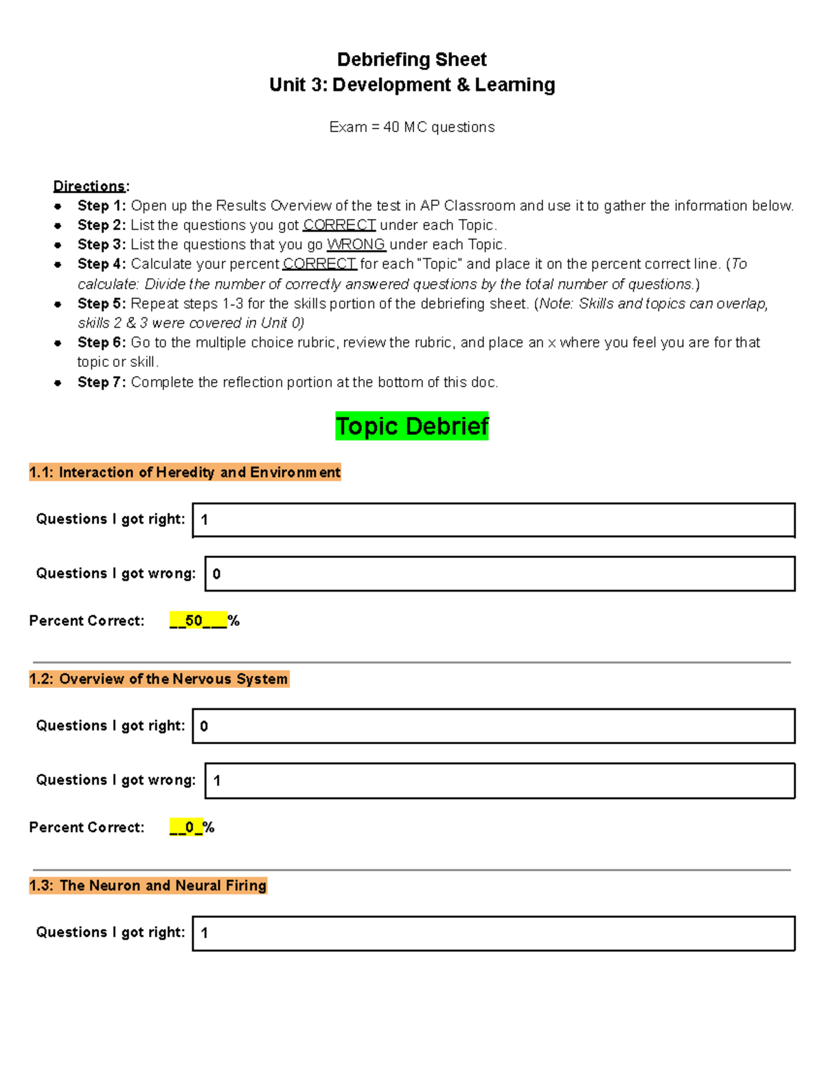 Copy of Unit 3 Test Debriefing Sheet - Debriefing Sheet Unit 3 ...