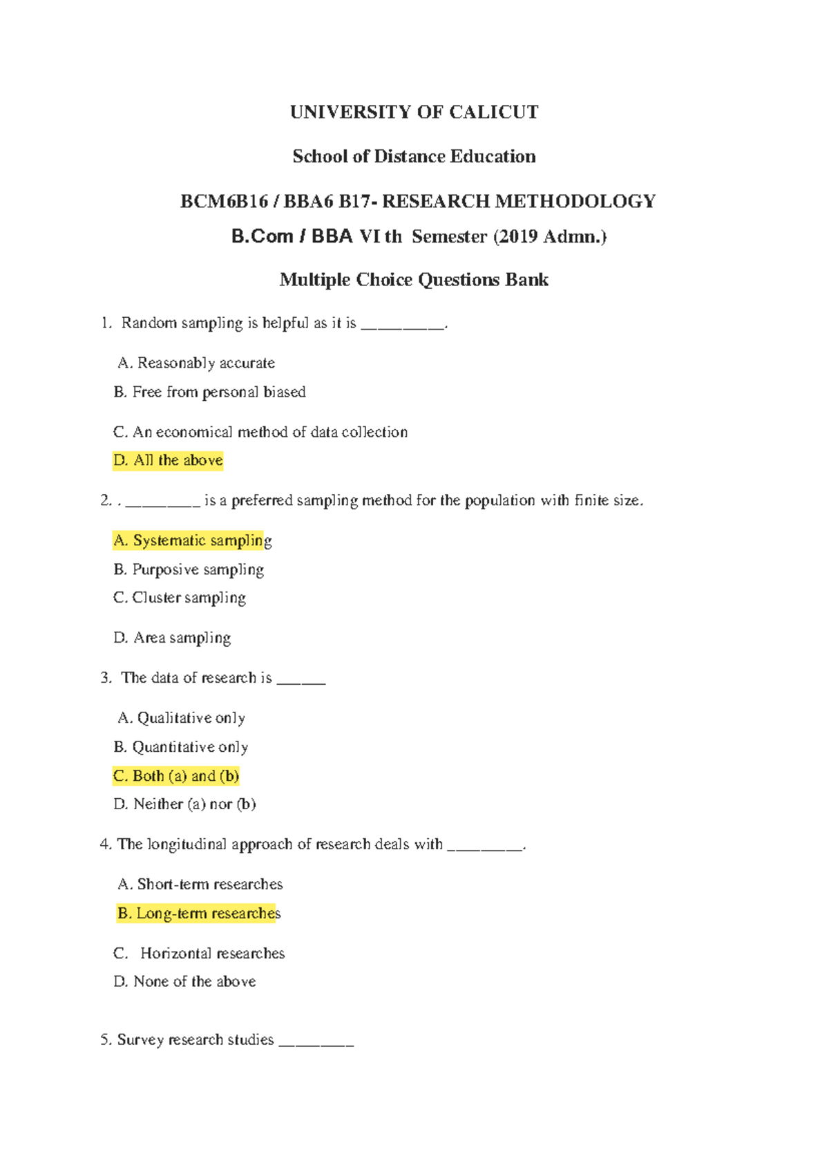 BCM6B16 BBA6 Research Methodology MCQ Question Bank - Studocu