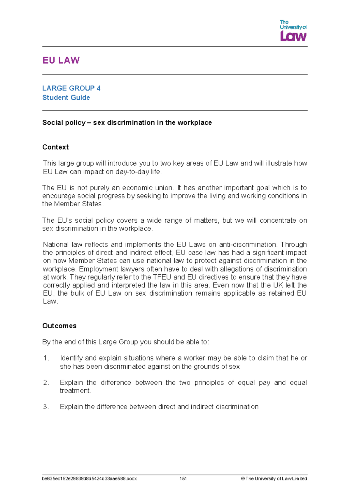 EU LAW LG4 - Lecture Notes on Social Policy & Sex Discrimination - Studocu