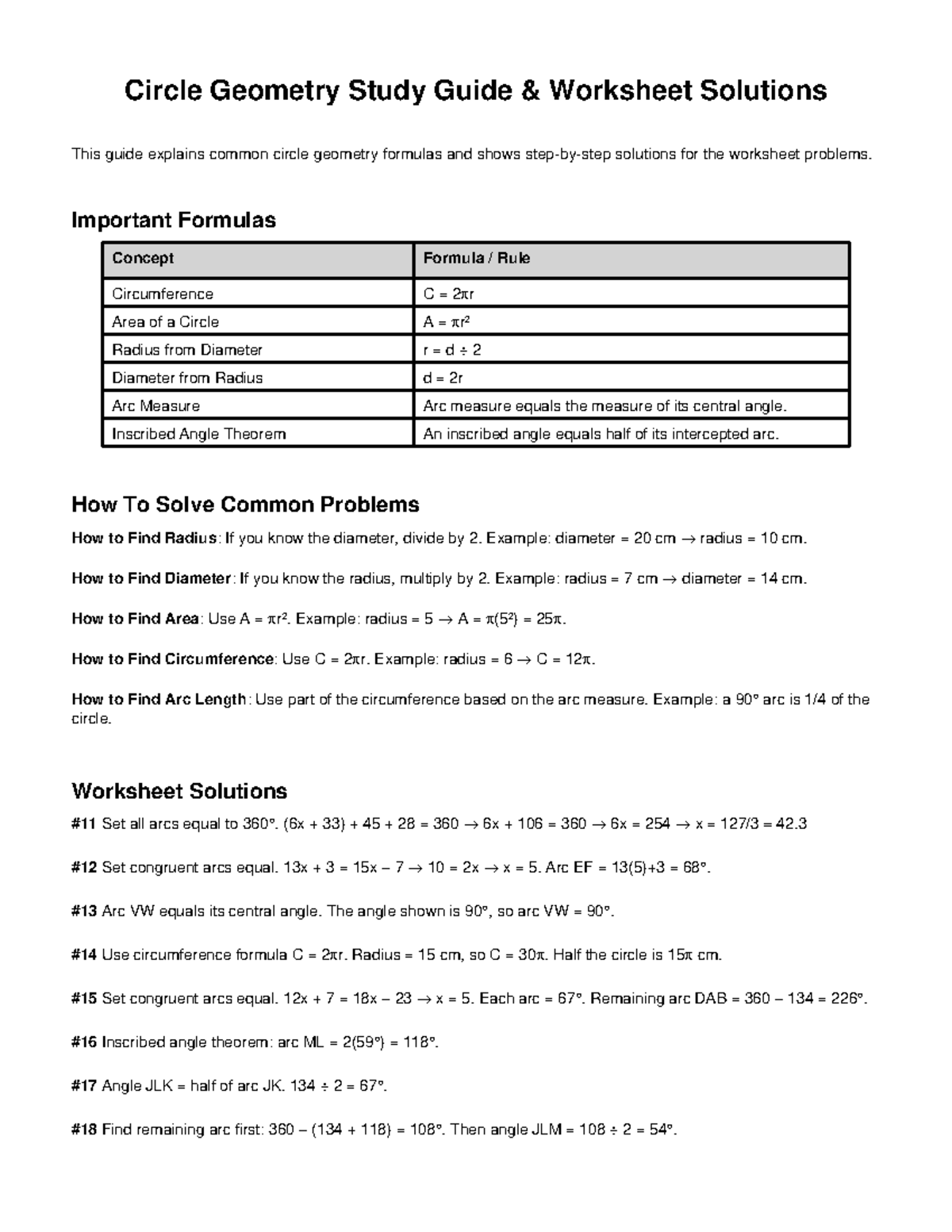 Circle Geometry Study Guide: Worksheet Solutions & Formulas - Studocu