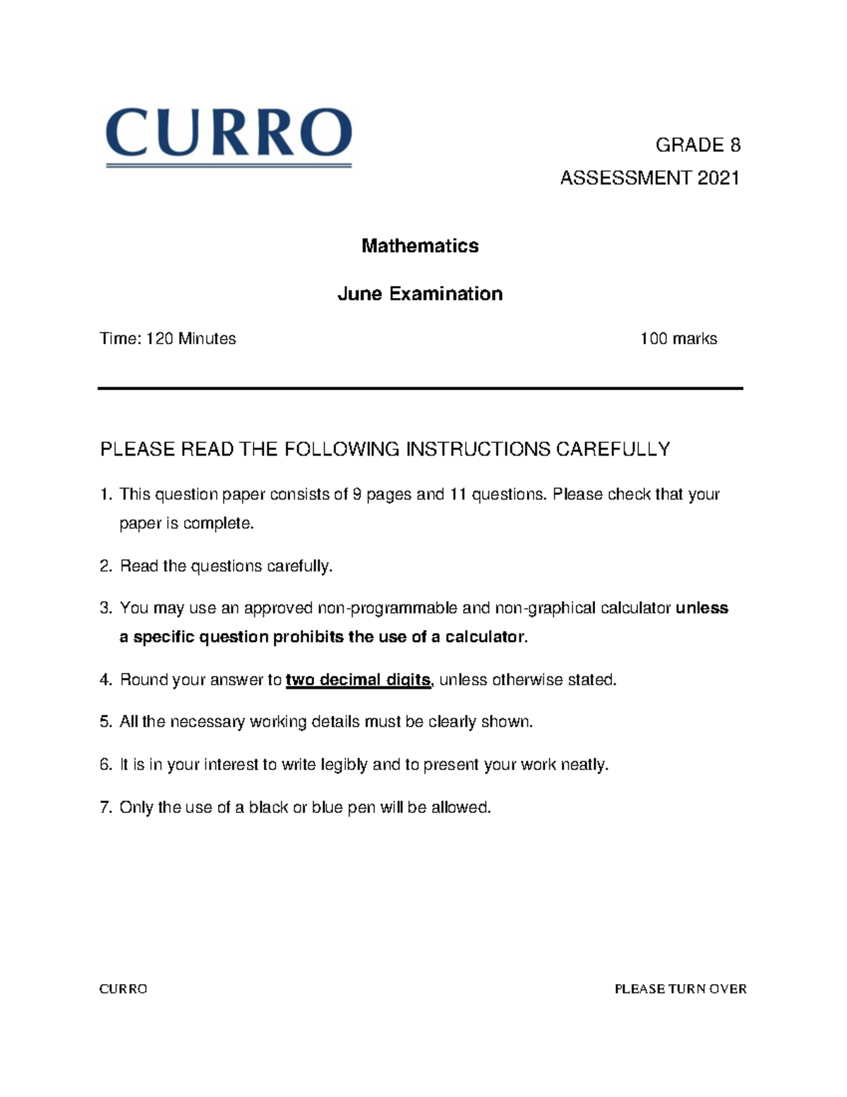 GRADE 8 MATHEMATICS JUNE EXAM 2021 - ASSESSMENT PAPER - Studocu