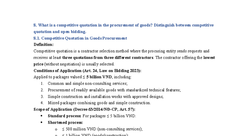 Theory 8 - 8. What is a competitive quotation in the procurement of ...