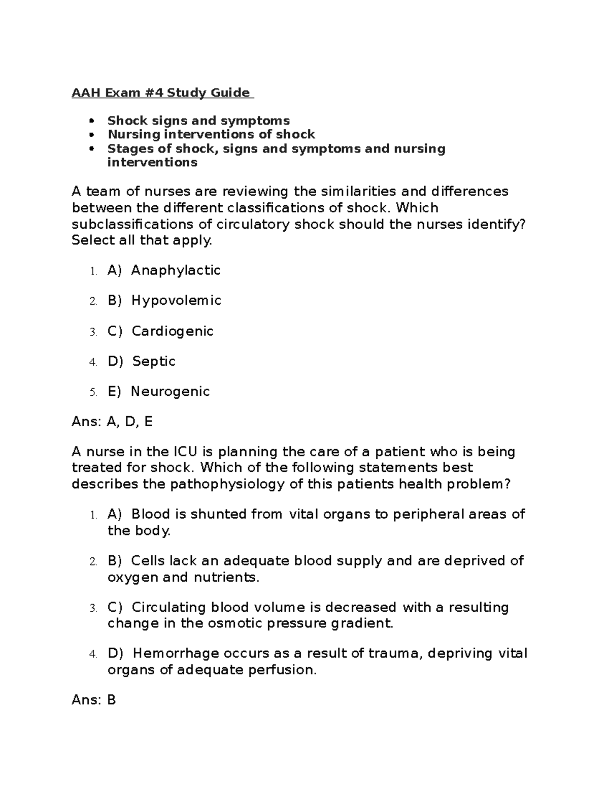 PEDS 401: Shock Management Practice Questions Study Guide - Studocu
