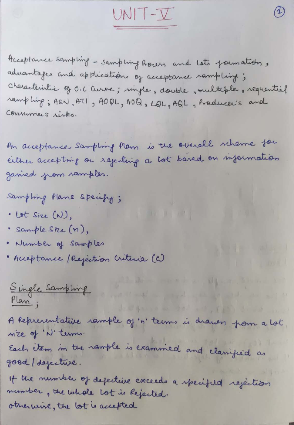 TQM Unit 5 Notes - Quality Control Techniques and Acceptance Criteria ...