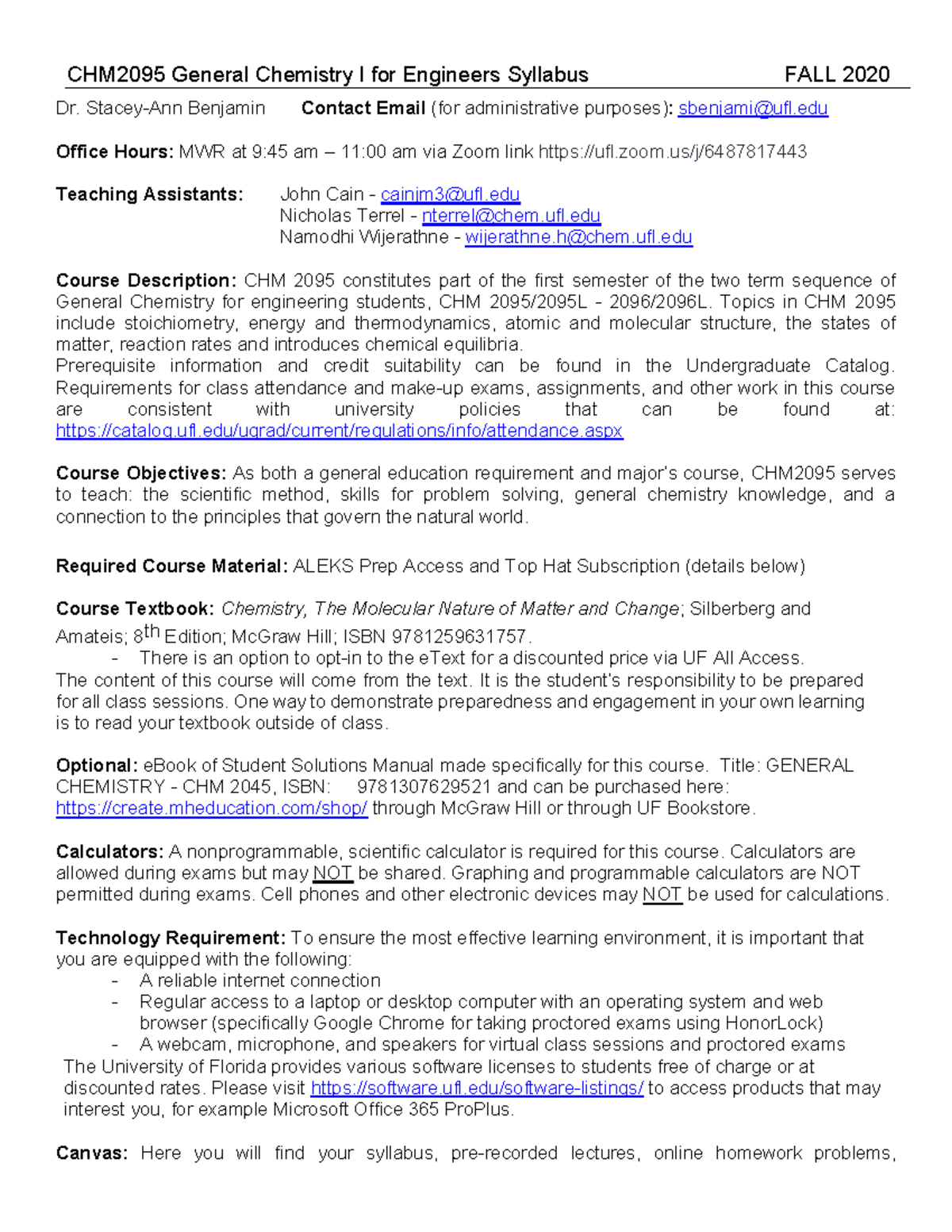 CHM-2095 Fall 2020 General Chemistry I Syllabus by Dr. Benjamin - Studocu