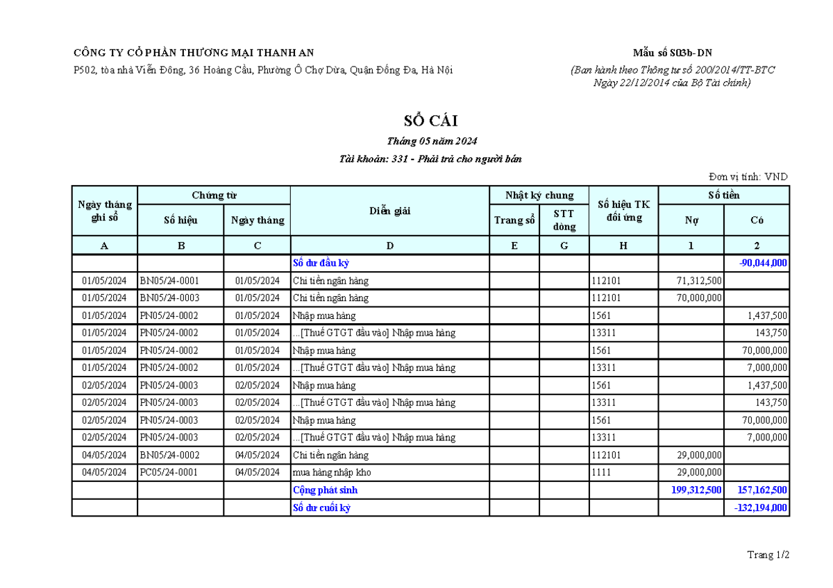 SC331 - Sổ Cái Tài Khoản 331 - Tháng 05/2024 - Studocu