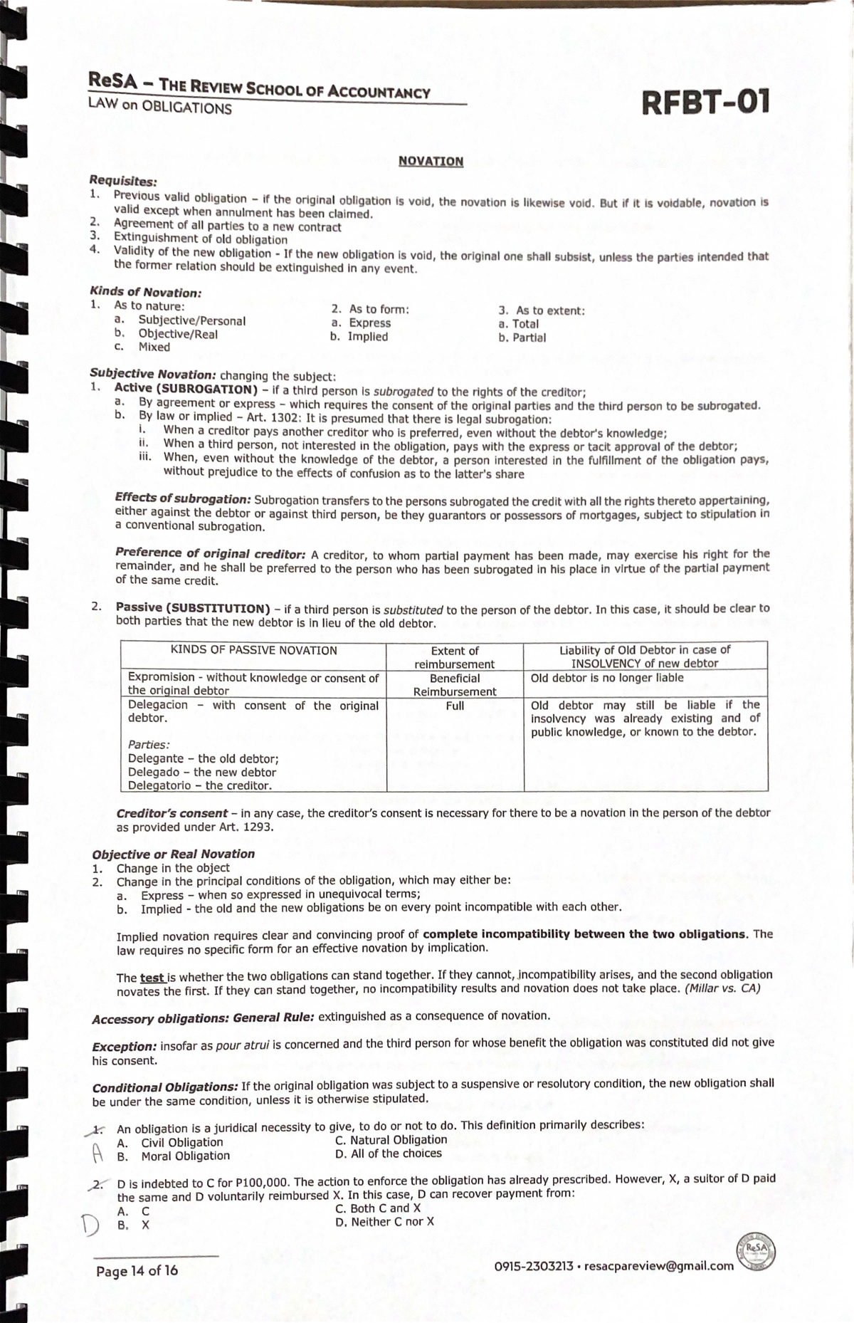 RFBT 01 - Reviewer on Obligations, Novation, and Corporations - Studocu