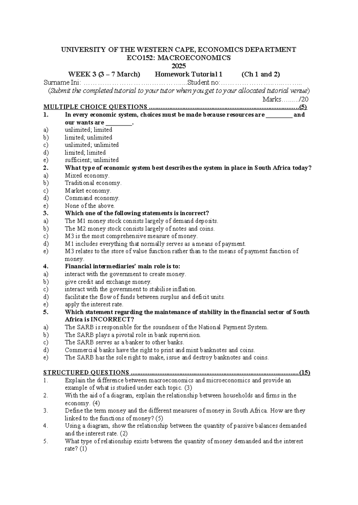 2025 ECO152: Macroeconomics Week 3 Homework Tutorial 1 - Studocu