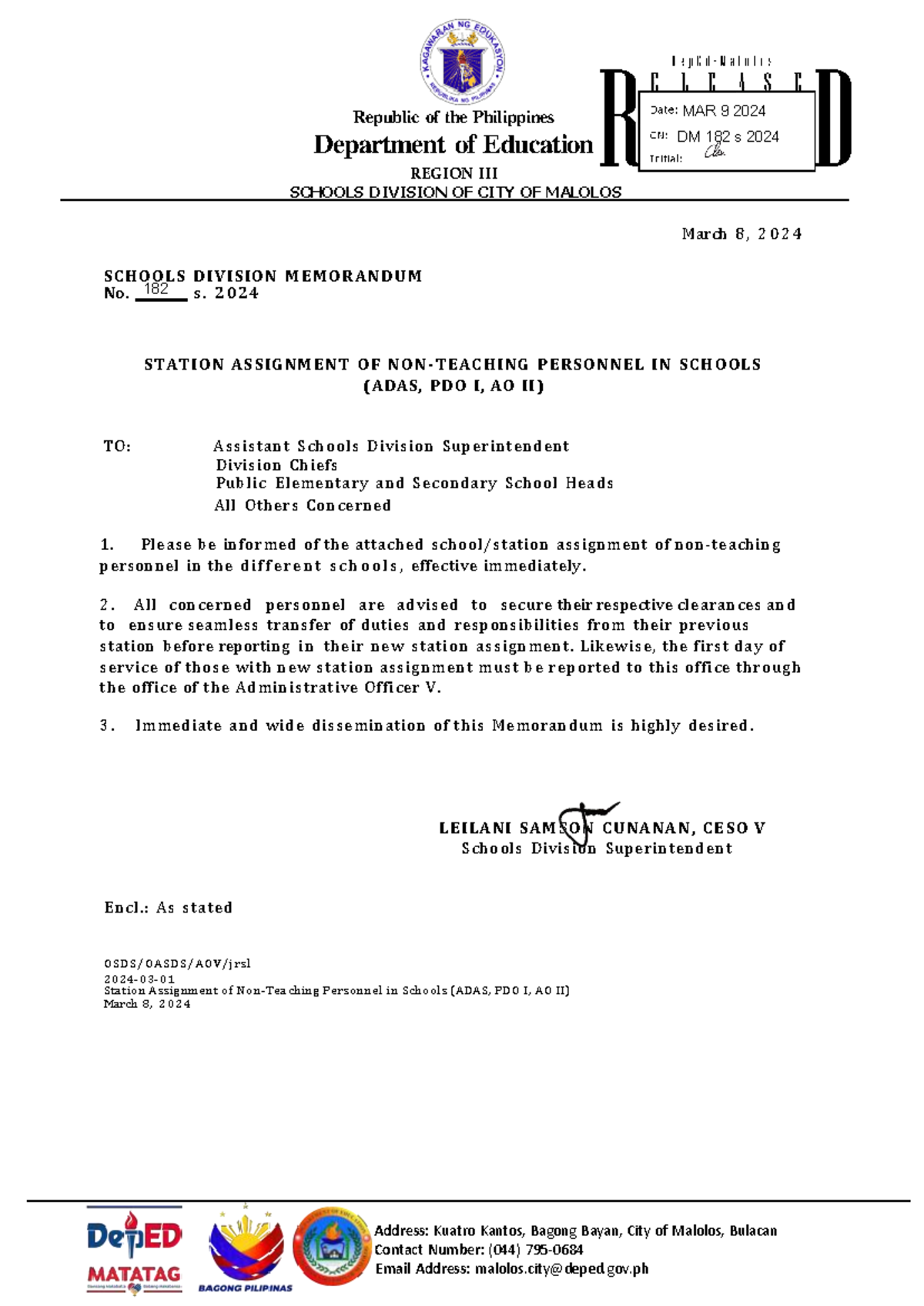 DM 182 s 2024: Station Assignment of Non-Teaching Personnel in Schools ...