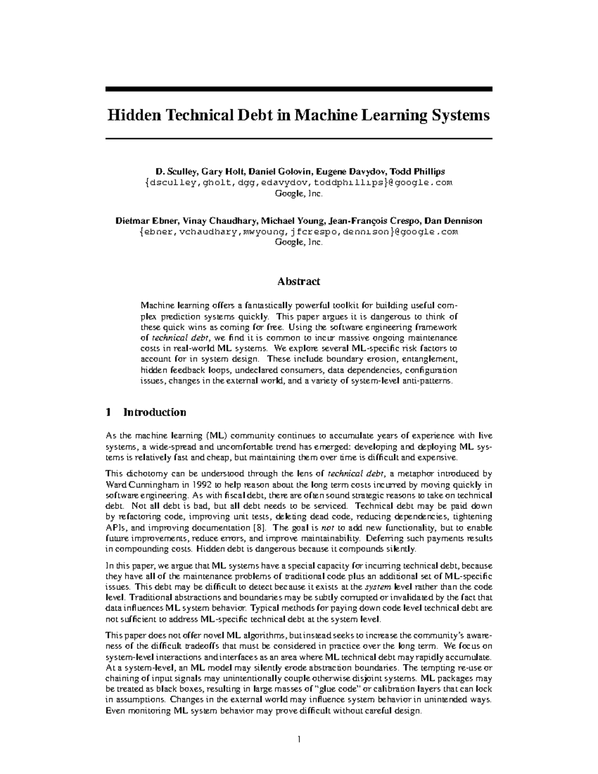 NIPS 2015: Hidden Technical Debt in Machine Learning Systems - Studocu