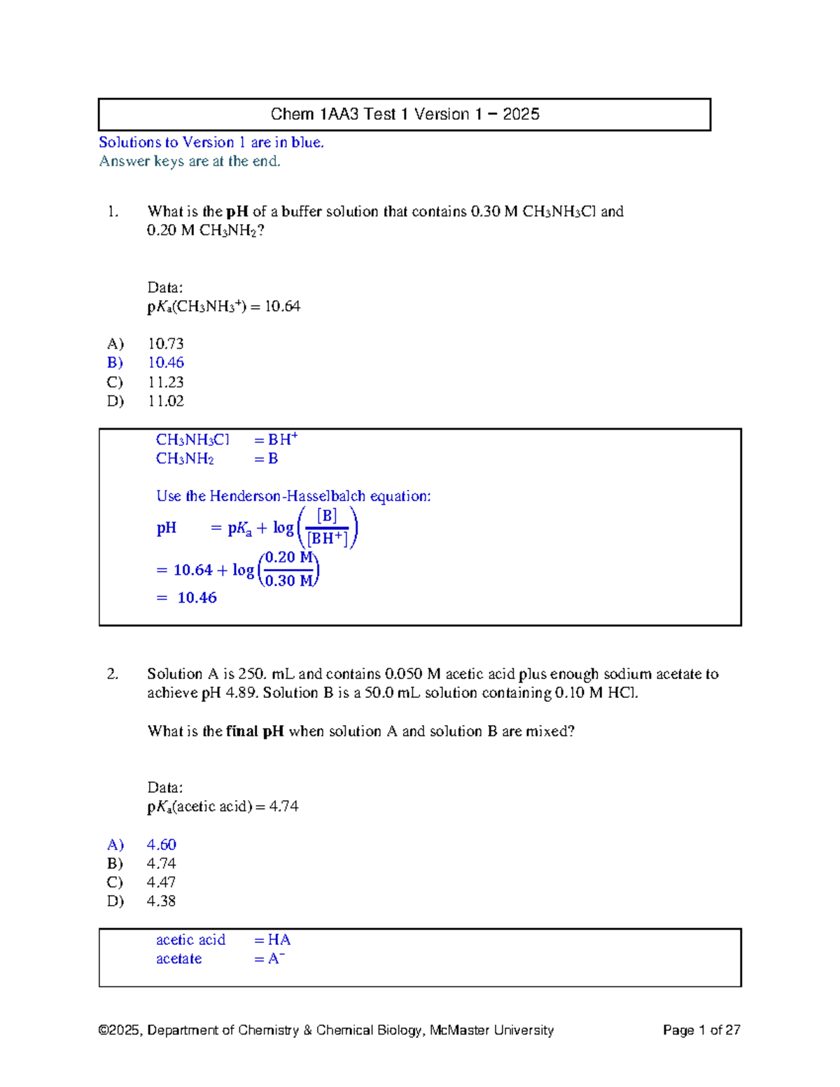 CHEM 1AA3 Midterm Exam #1 2025 Solutions and Answer Key - Studocu