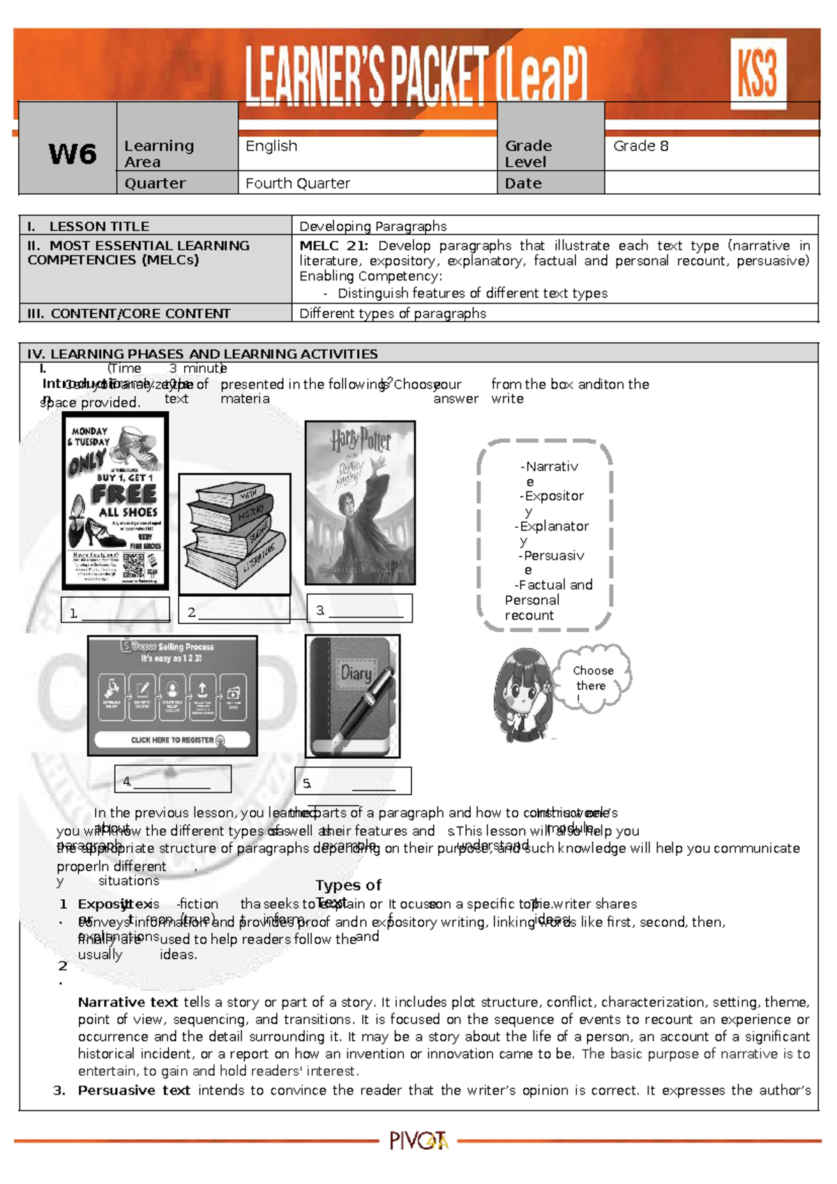 Grade 8 English: Developing Paragraphs & Text Types (4th Quarter) - Studocu