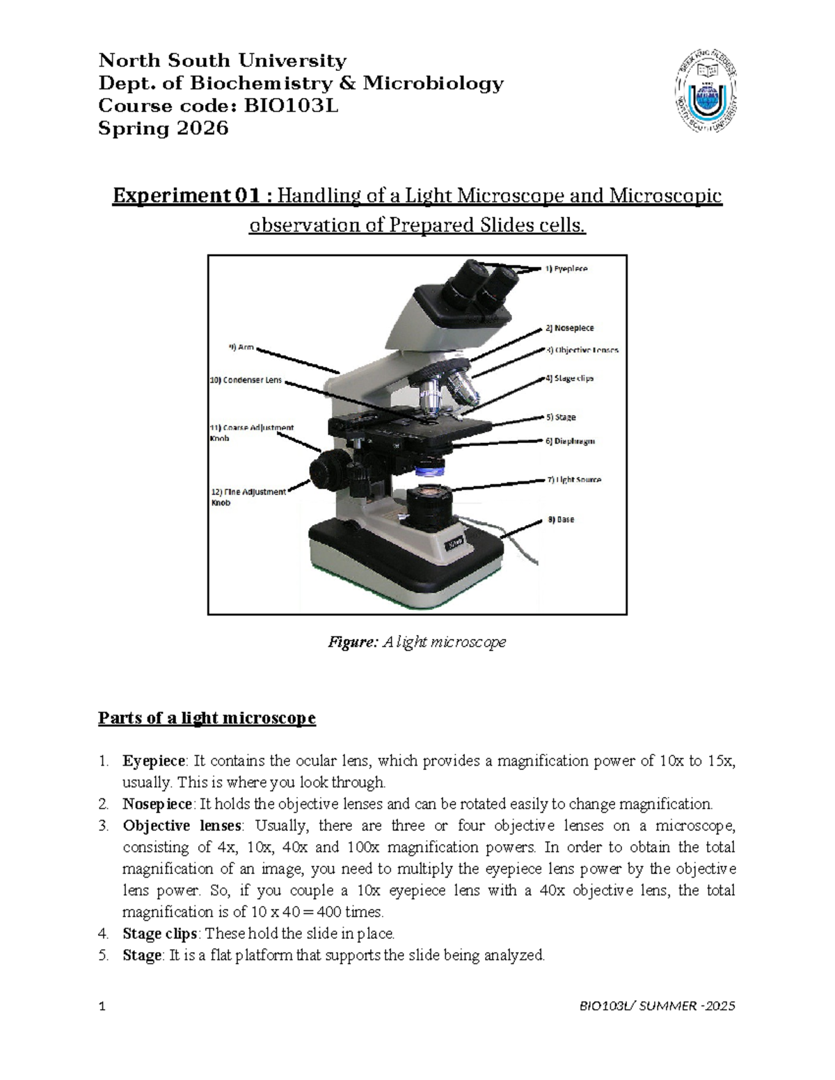 BIO103L Spring 2026: Experiment 01 - Light Microscope Handling ...