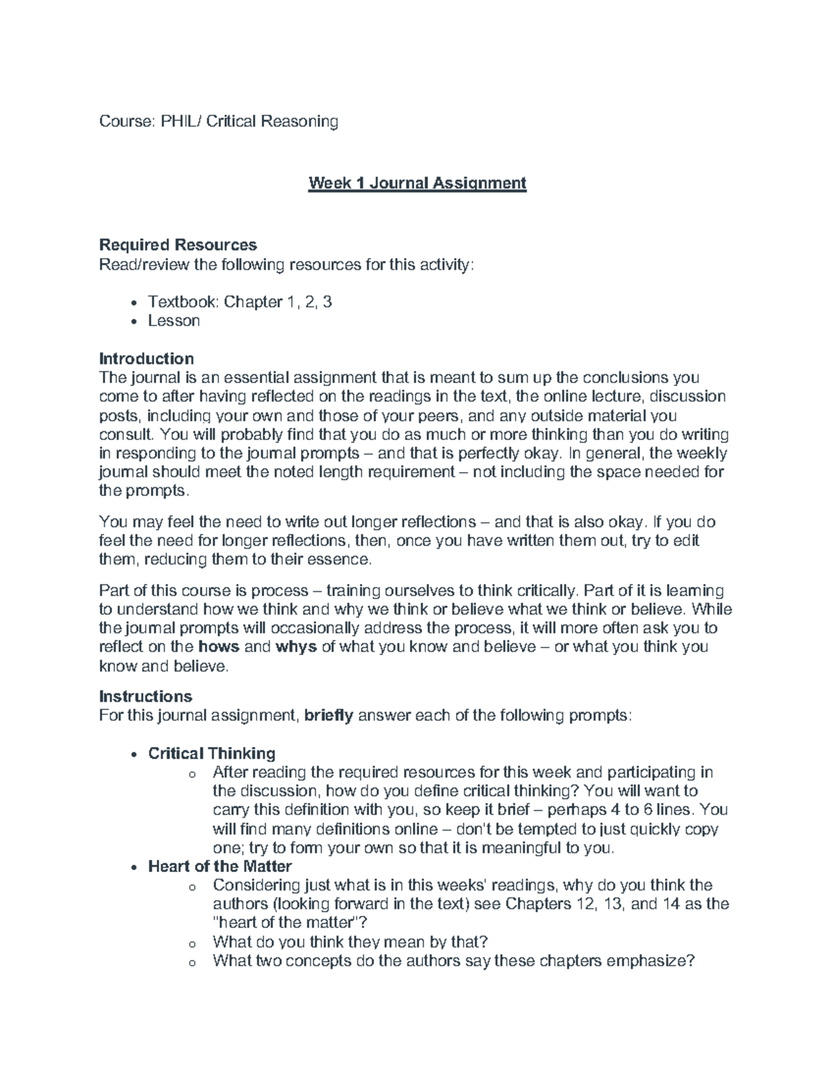 Critical Reasoning: Week 1 Reflective Journal Assignment - Studocu