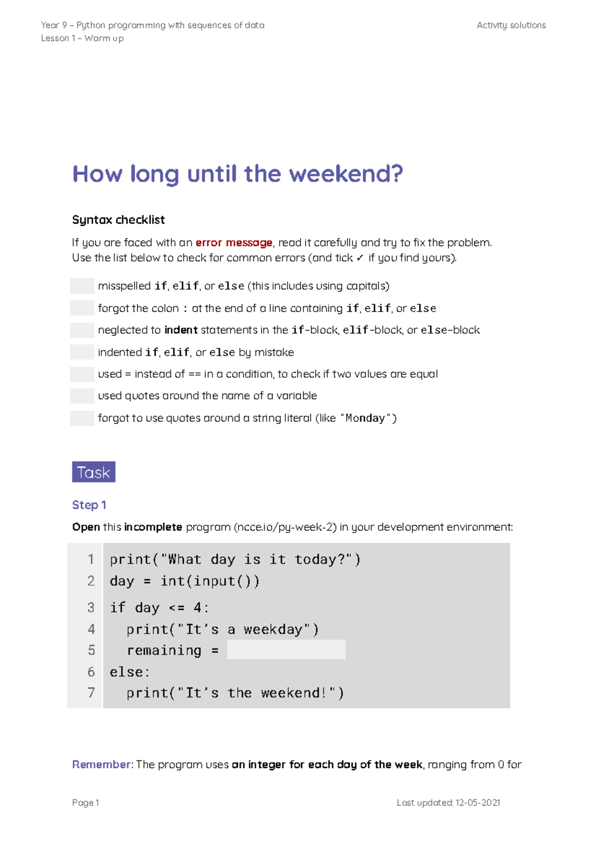 A2 Worksheet - How long until the weekend - Year 9 – Python programming ...
