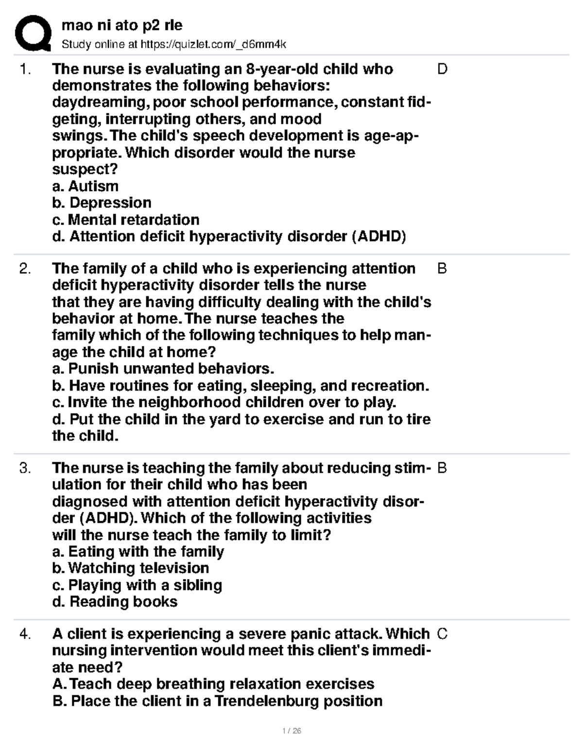 RLE-MCN-2 - ADHD, Anxiety & Pediatric Disorders Exam Reviewer - Studocu