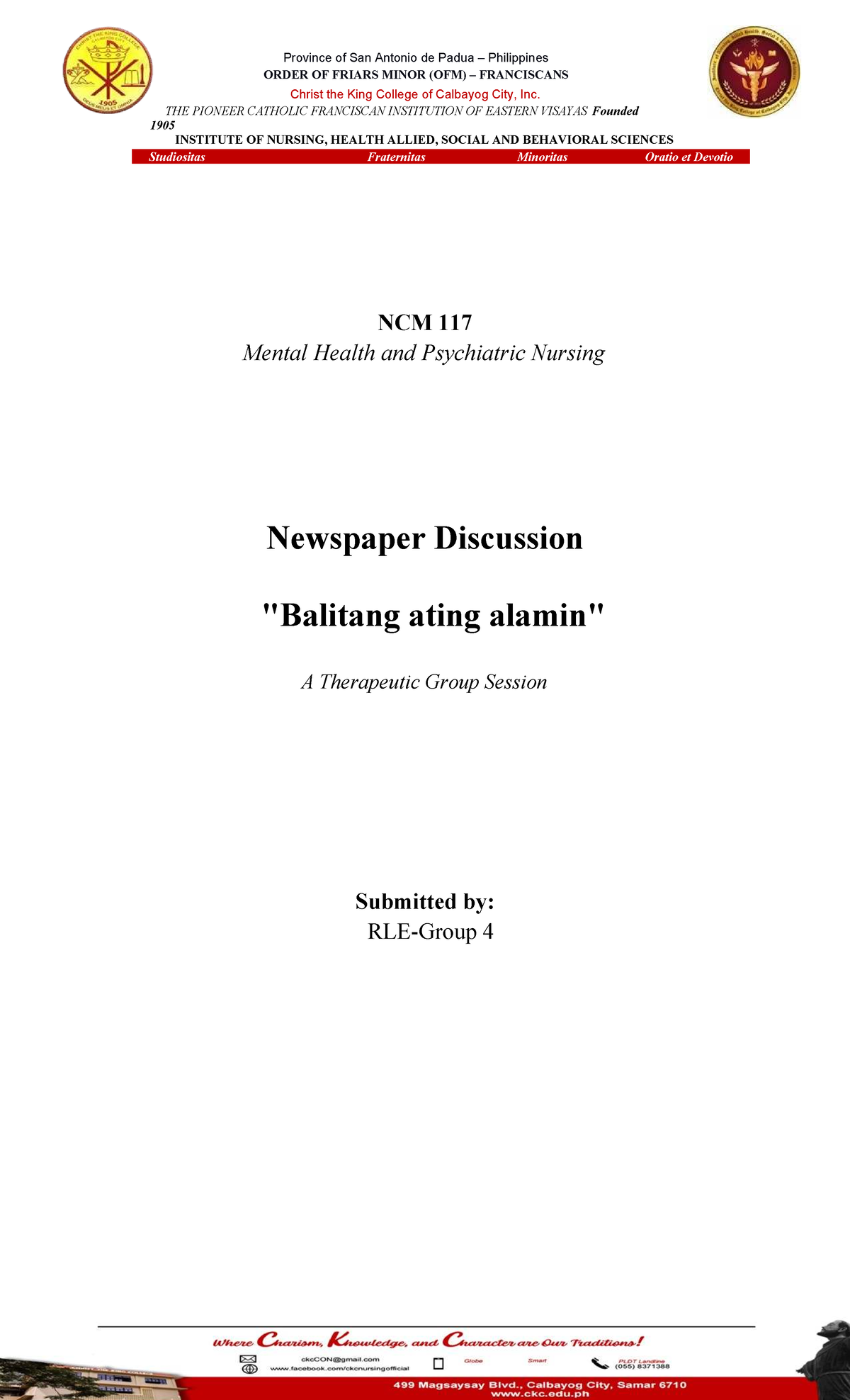 NCM 117 Mental Health & Psychiatric Nursing: News Discussion Therapy ...