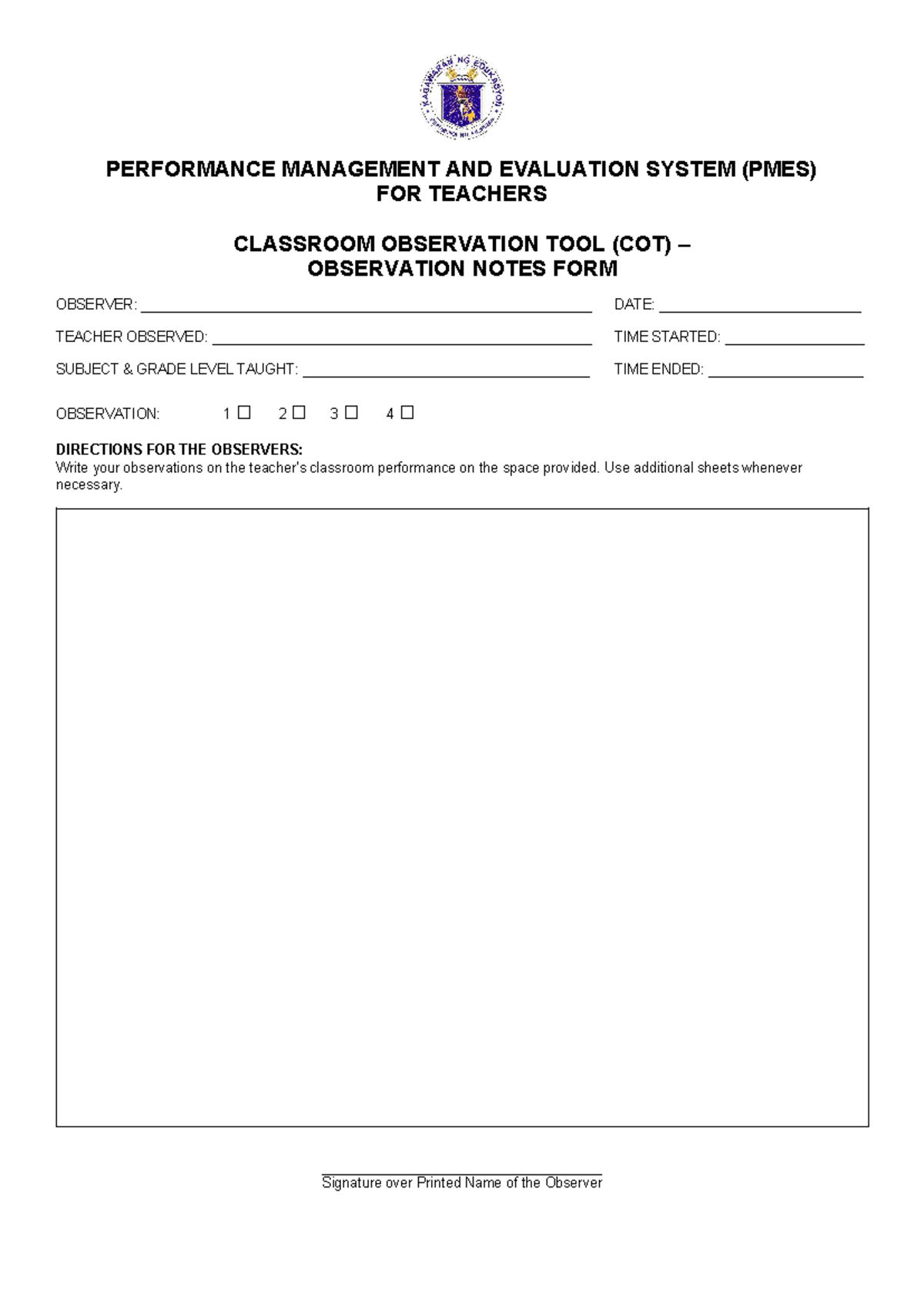 Annex C-7 COT Observation Notes Form - PERFORMANCE MANAGEMENT AND ...