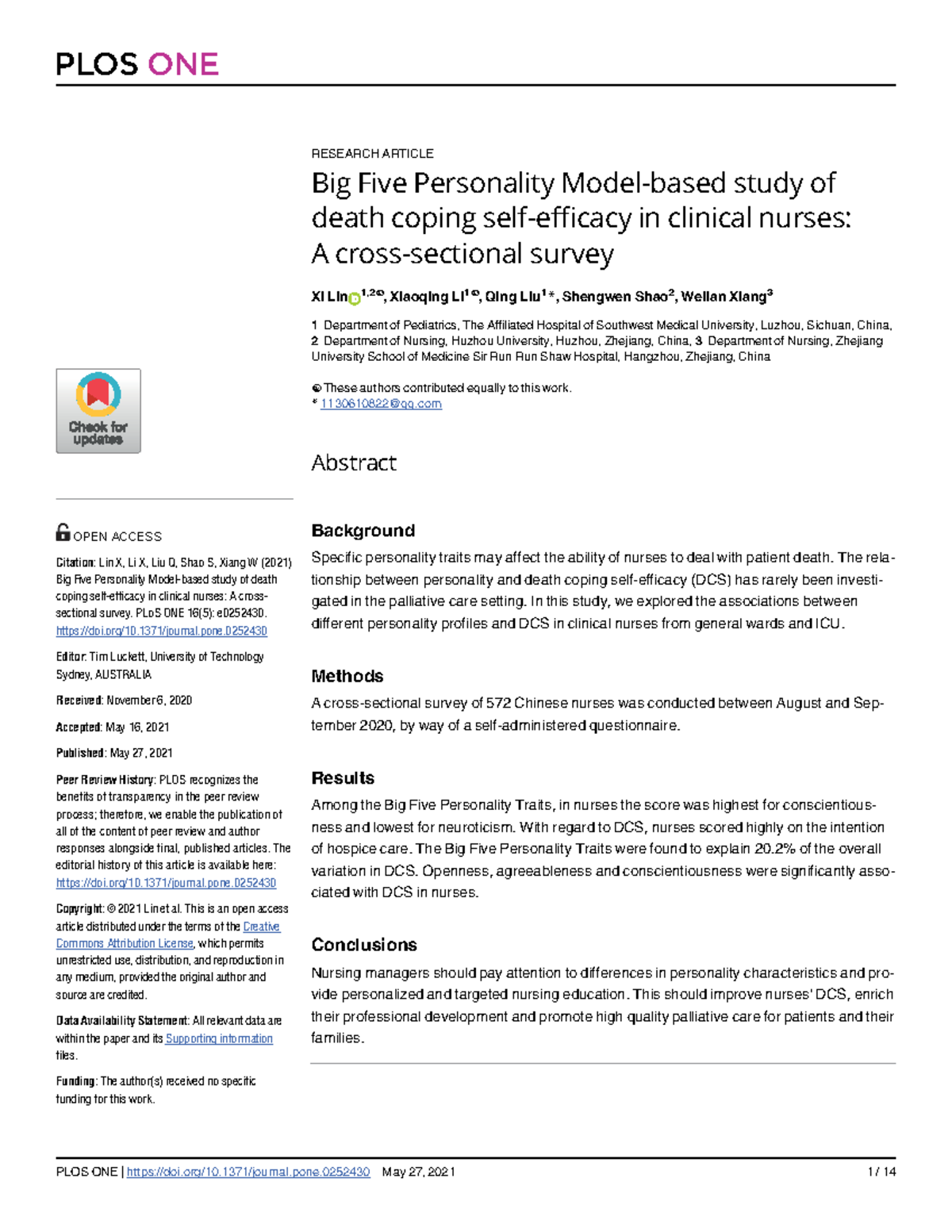 Big Five Personality Traits and Death Coping in Clinical Nurses: A ...