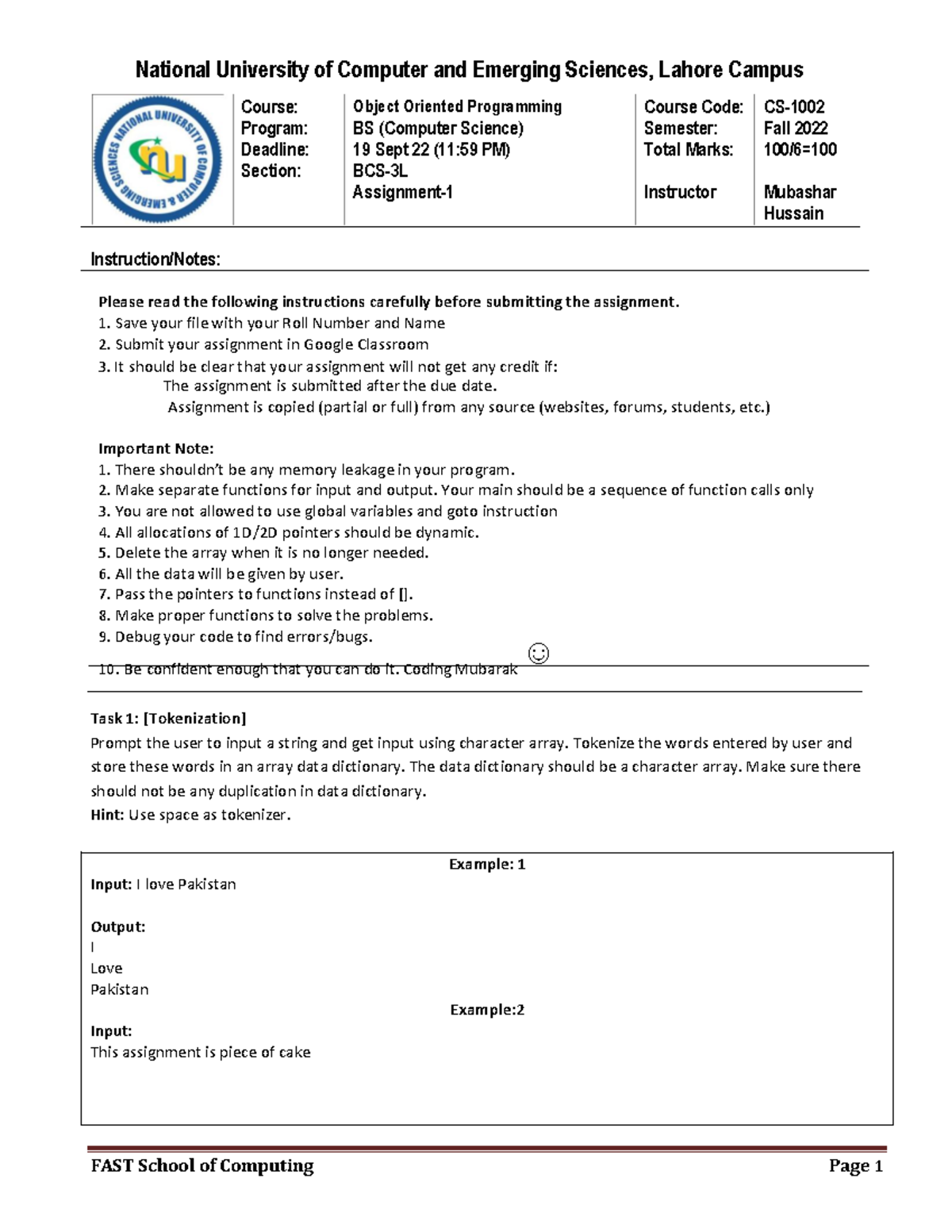 CS-102: Object Oriented Programming Assignment-1 Guidelines - Studocu