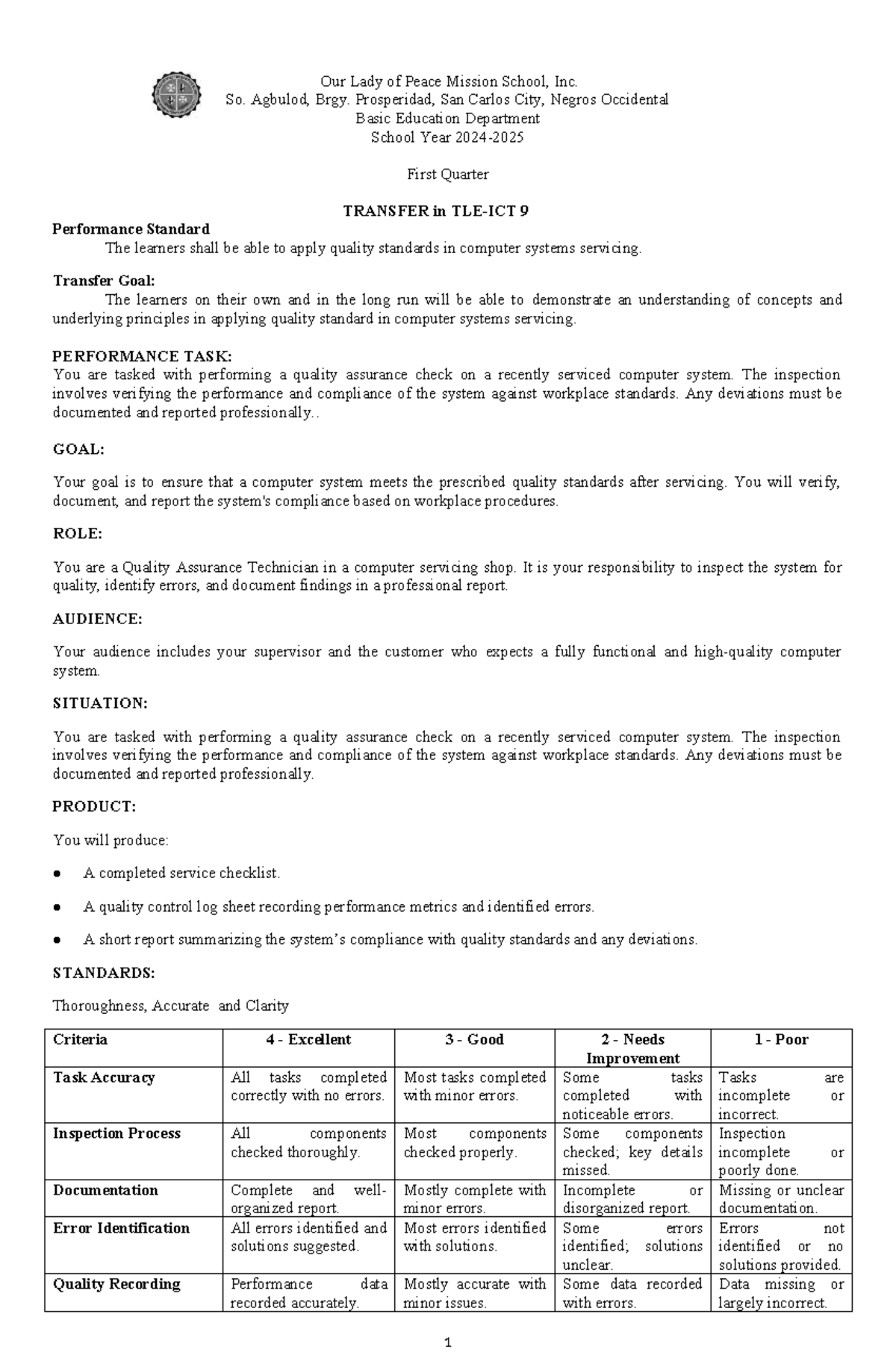 TLE-ICT 9: Performance Task 006 - Quality Assurance Check in GRASPS ...