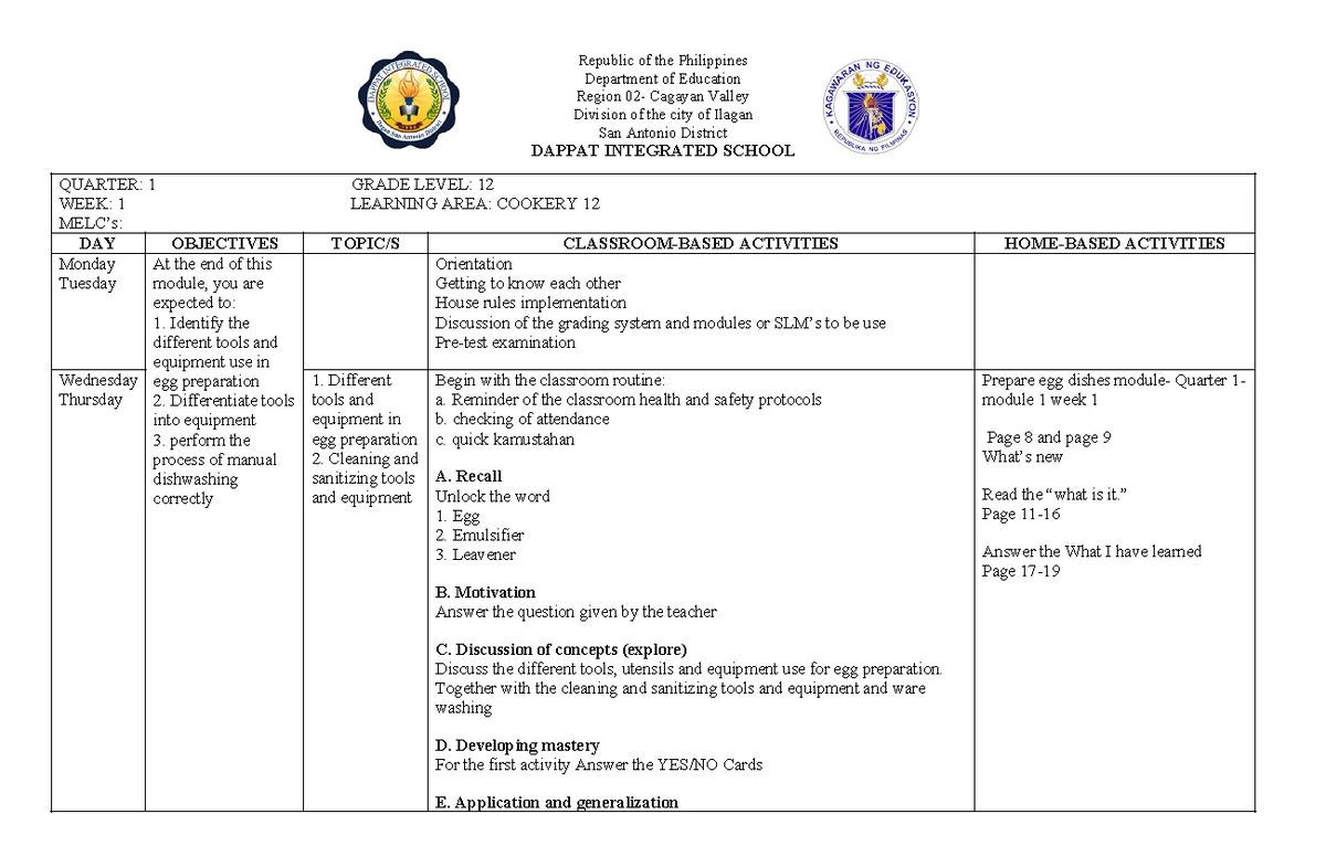 DLL Cookery Week 4 Lesson Plan - Grade 11 TLE-Cookery - Studocu