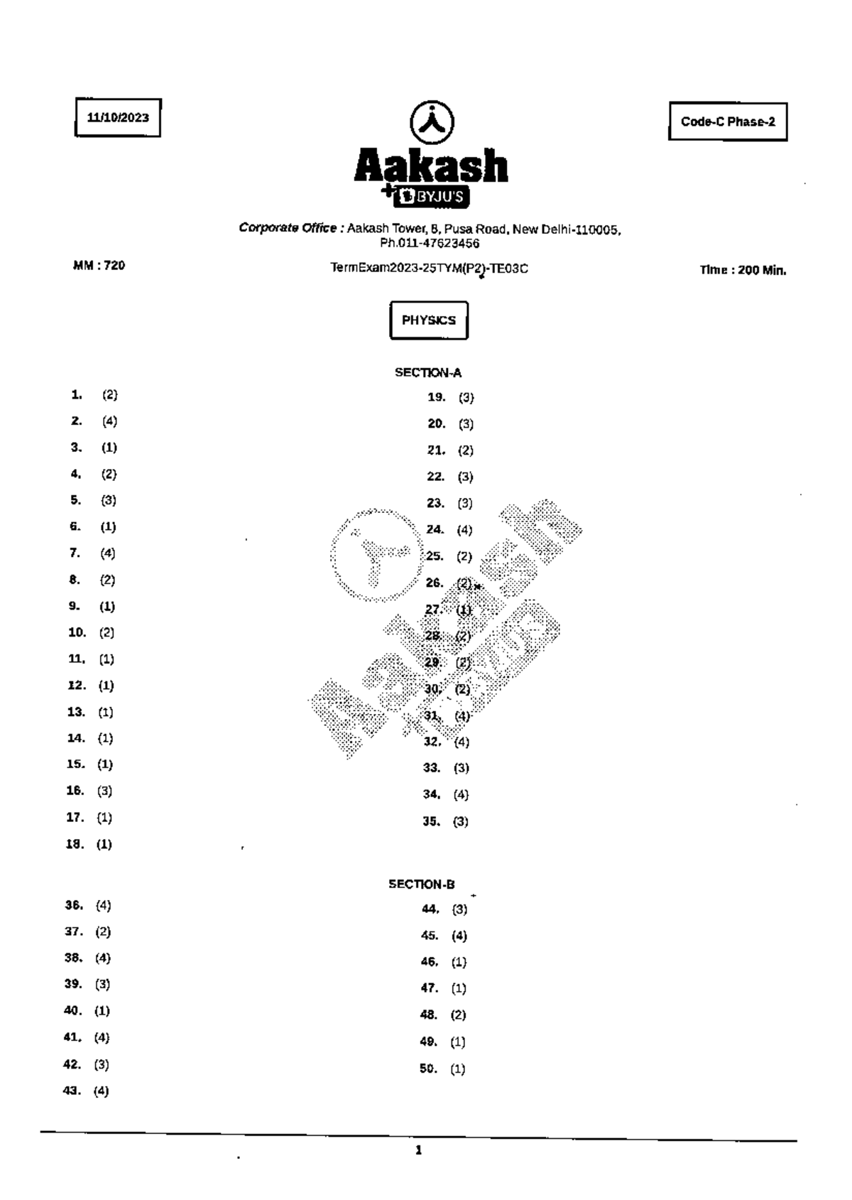 TE 03C SN - Aakash Corporate Office Exam Solutions and Hints - Studocu