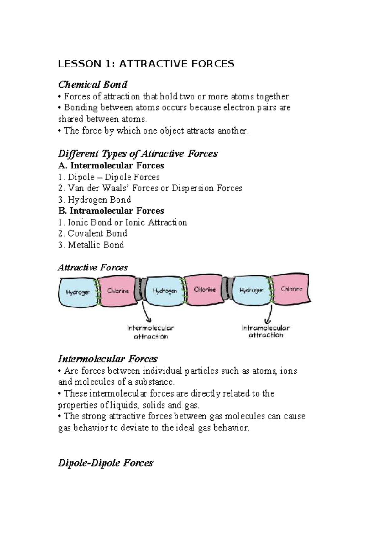 Genchem Lesson 1 - LESSON 1: ATTRACTIVE FORCES Chemical Bond • Forces ...