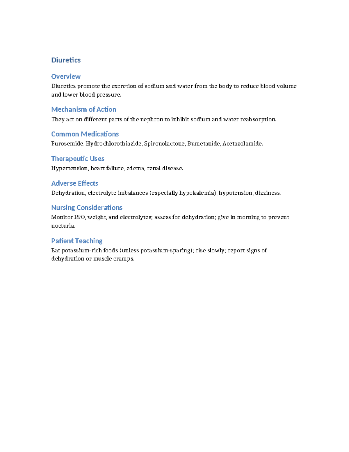 Diuretics - lec notes - Diuretics Overview Diuretics promote the ...
