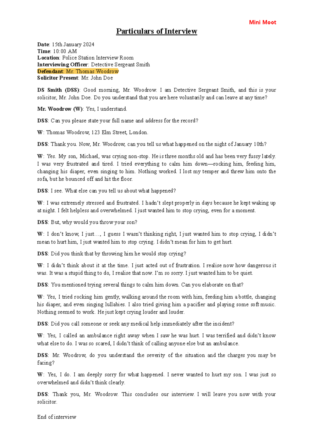 Mini Moot Interview Summary: R v Woollin Case Details - Studocu