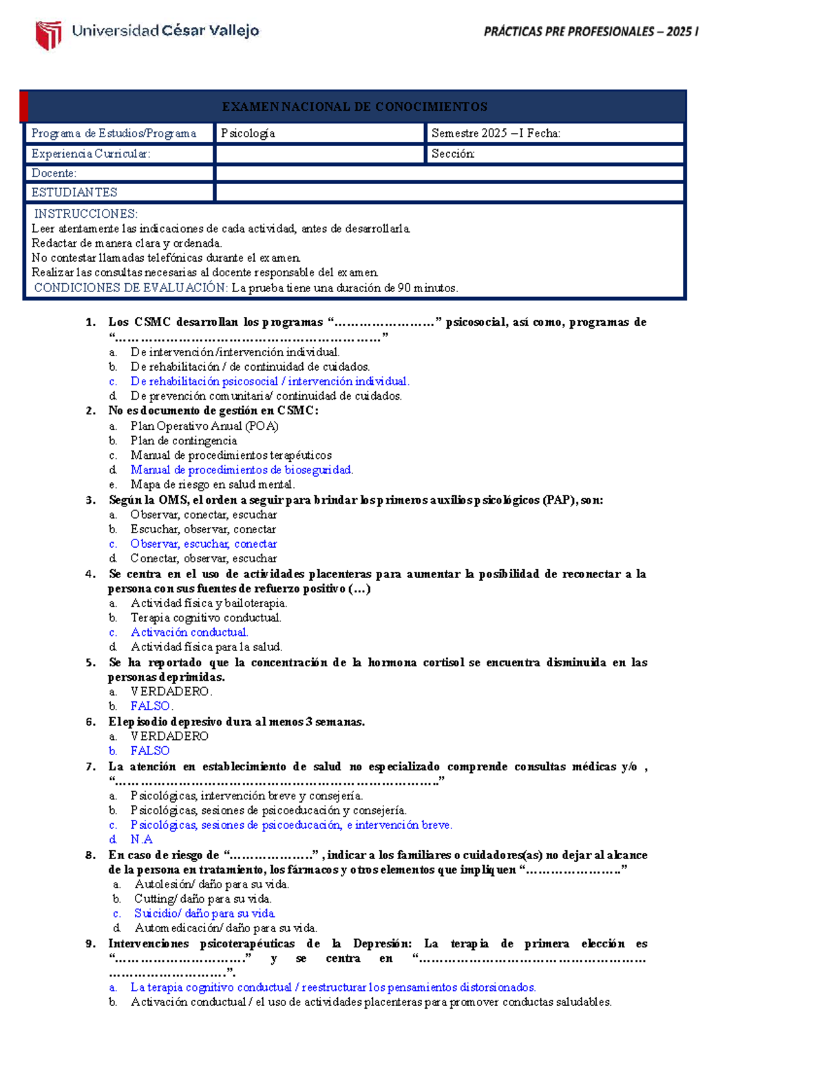 Examen de Conocimientos - Psicología 2025 I - Document Preview