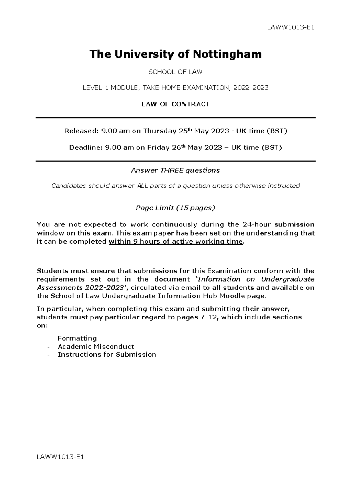LAWW1013-E1 - Take Home Exam: Law of Contract - May 2023 - Studocu