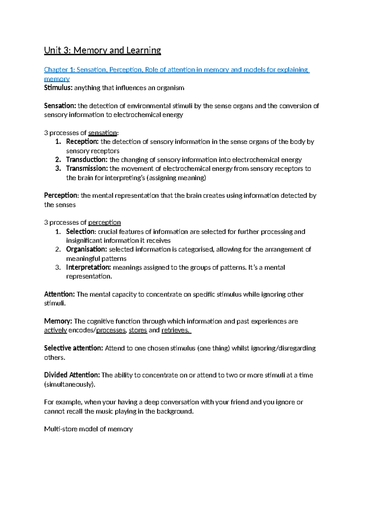 Unit 3: Memory and learning - Chapter 1: Sensation and perception - Studocu