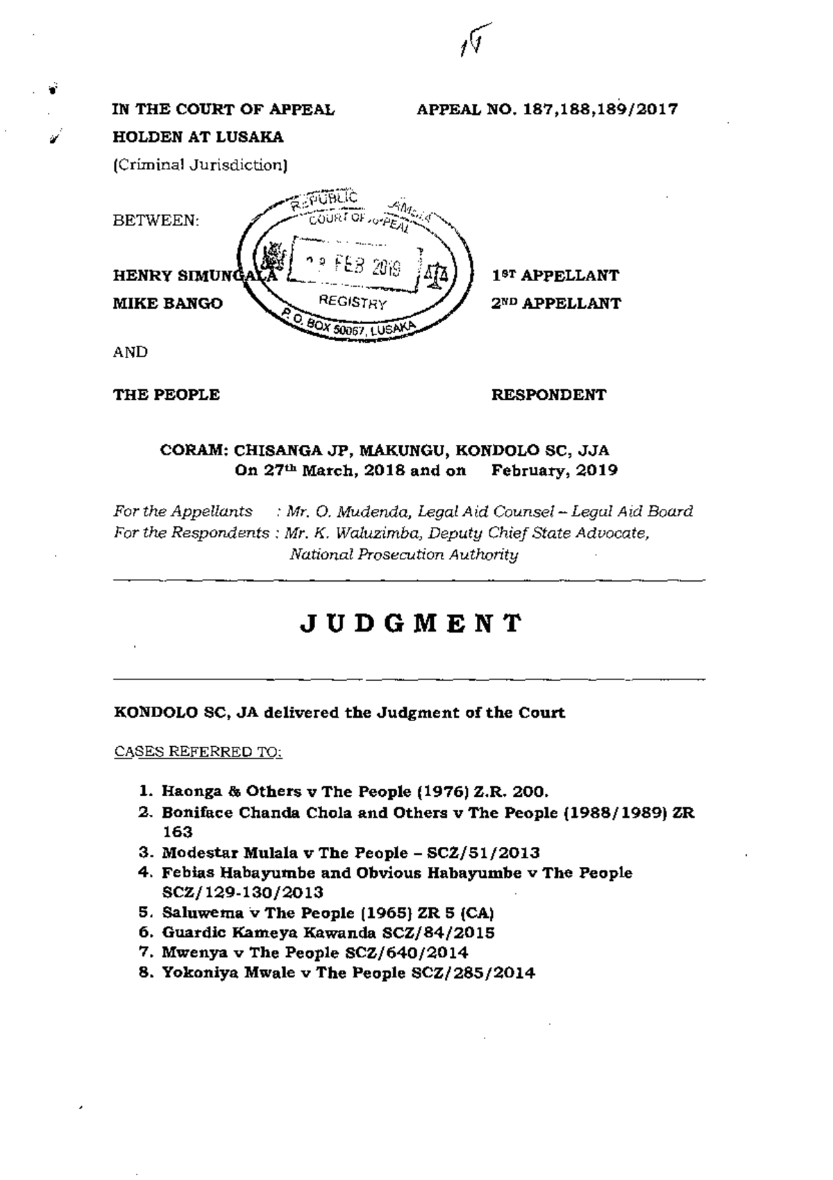 Henry Simungala & Mike Bango v The People: Appeal No. 187 of 2017 ...