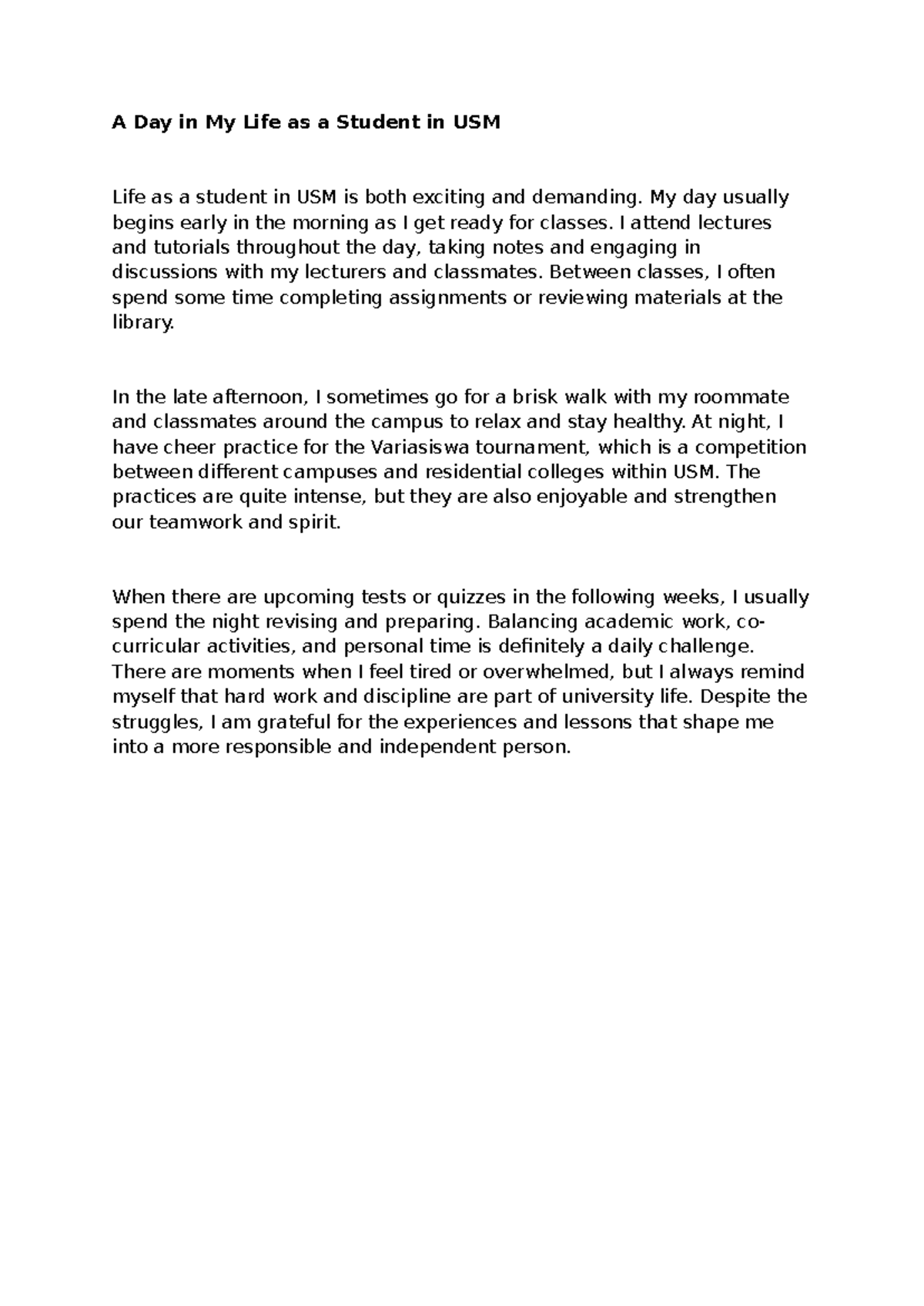 A Day in My Life as a USM Student (Essay) - Studocu