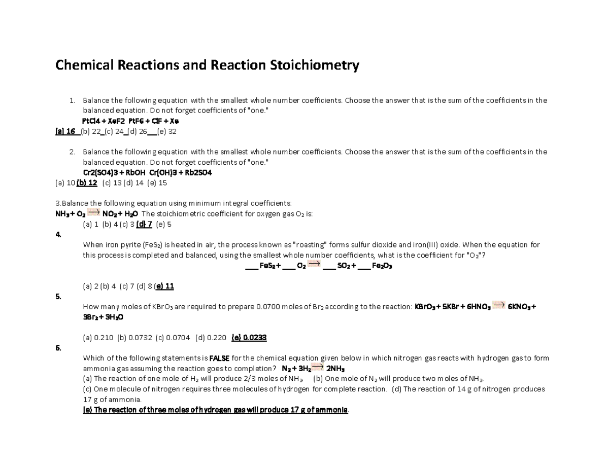 Chemical Reactions and Stoichiometry Notes (CHEM 101) - Studocu