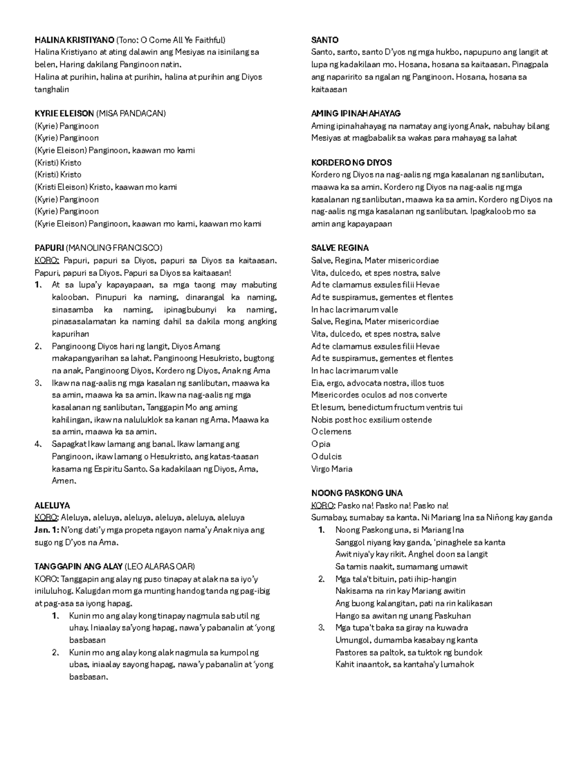 Line-up-both - January Tagalog and English - HALINA KRISTIYANO (Tono: O ...