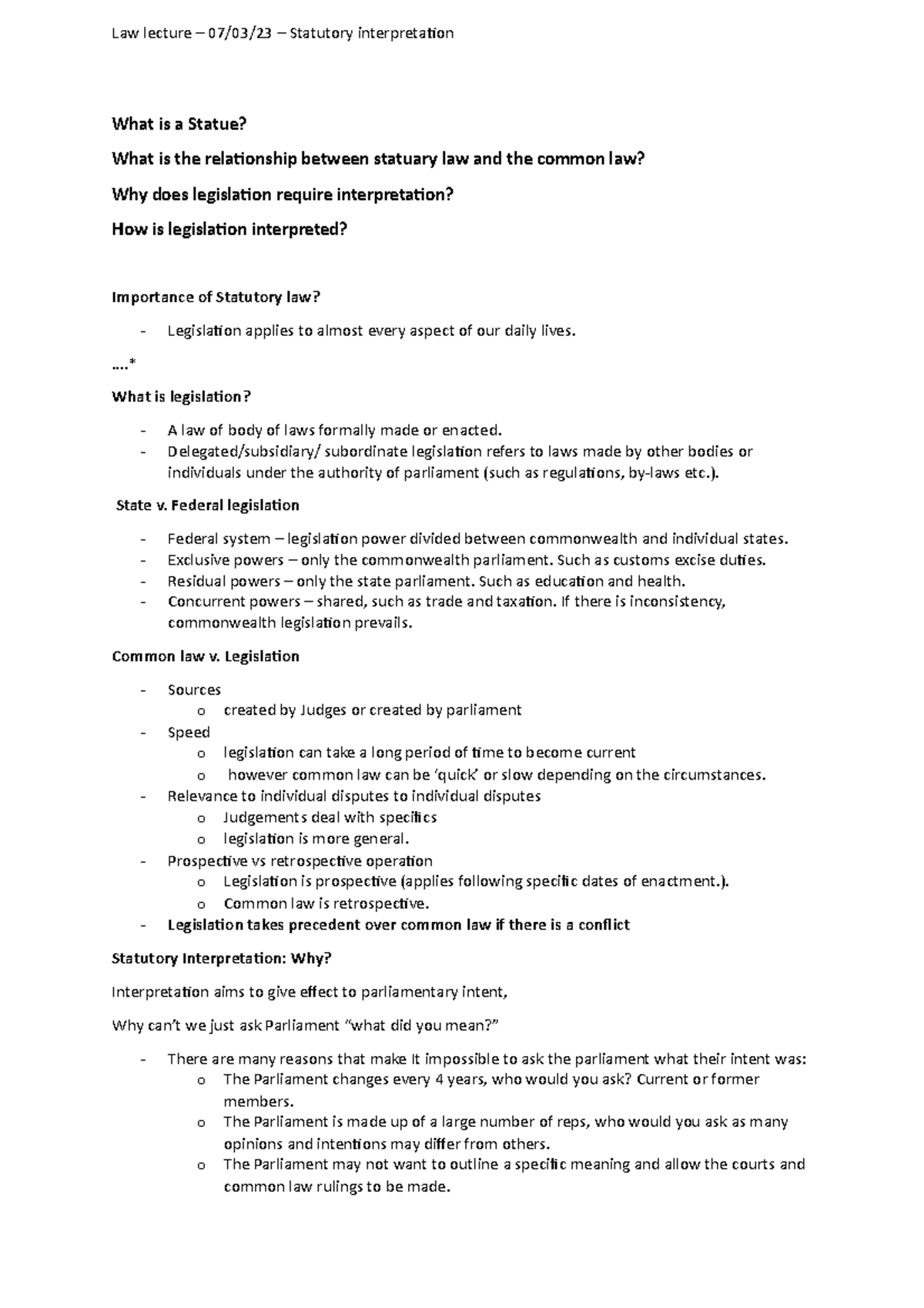 Statutory Law & Interpretation: Lecture 2 Overview (LAW101) - Studocu