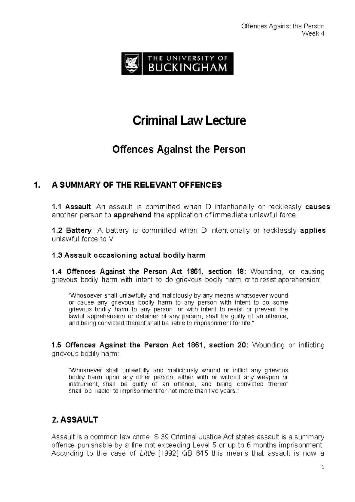 Criminal Law Lecture: Detailed Analysis of Assault & Battery Offences ...