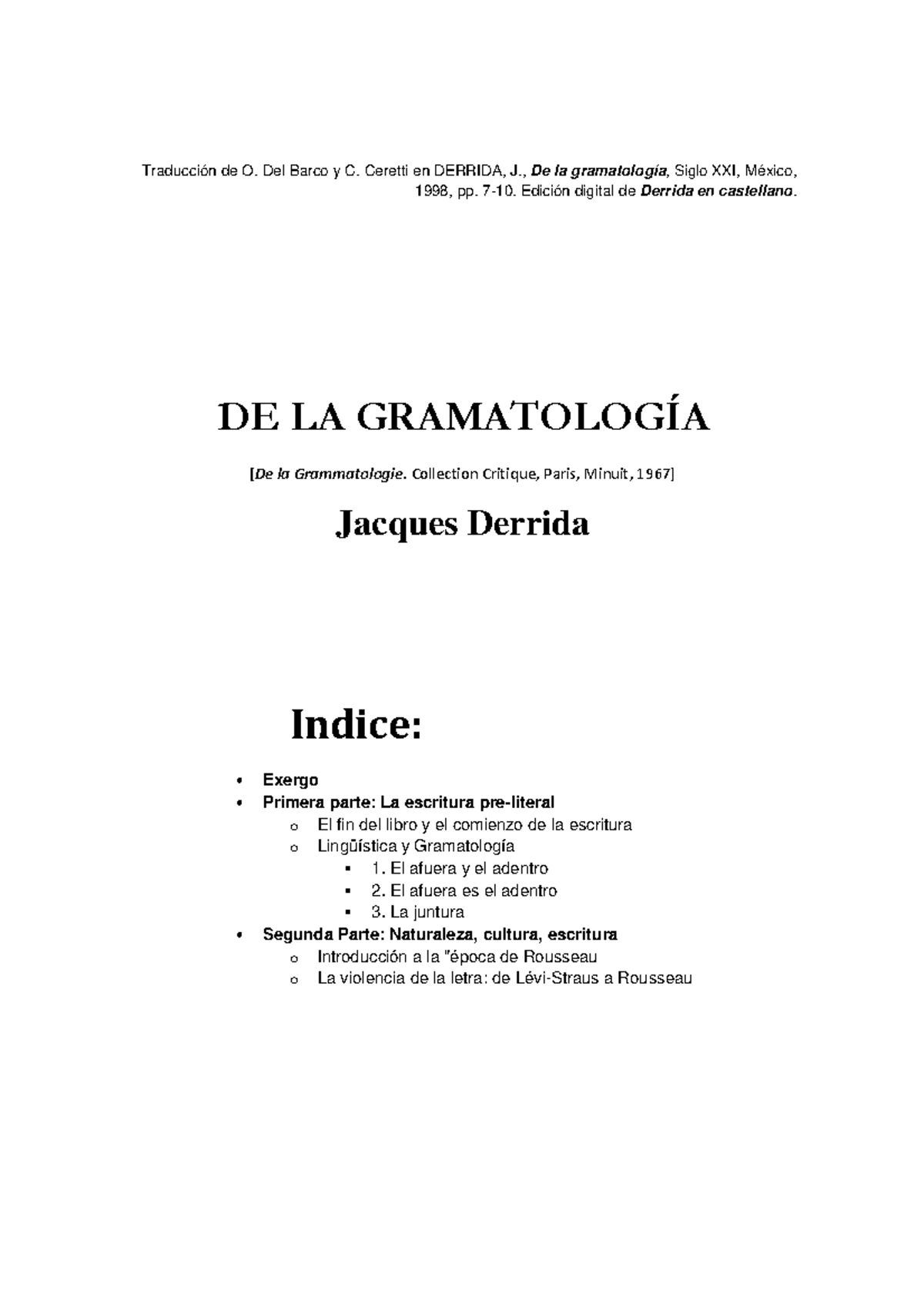 Traducción y Análisis de "De la Gramatología" de J. Derrida - Studocu
