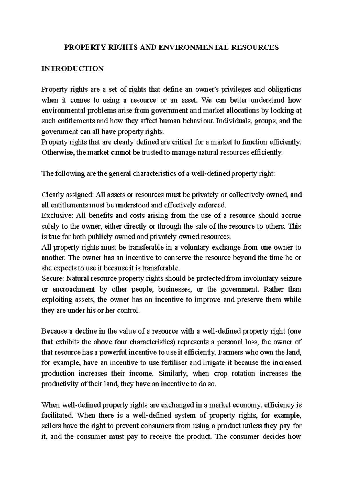 Property Rights and Environmental Resources: An In-Depth Analysis - Studocu