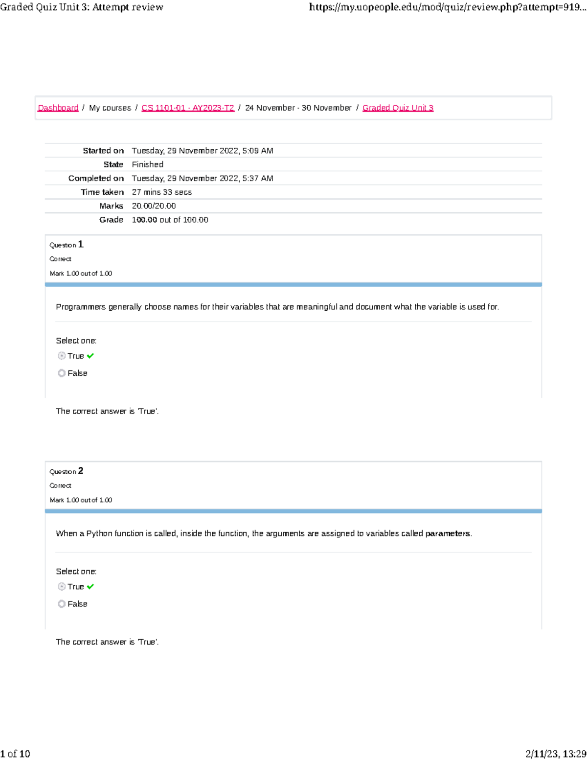 CS 1101-01 Graded Quiz Unit 3 Attempt Review - Results & Corrections ...