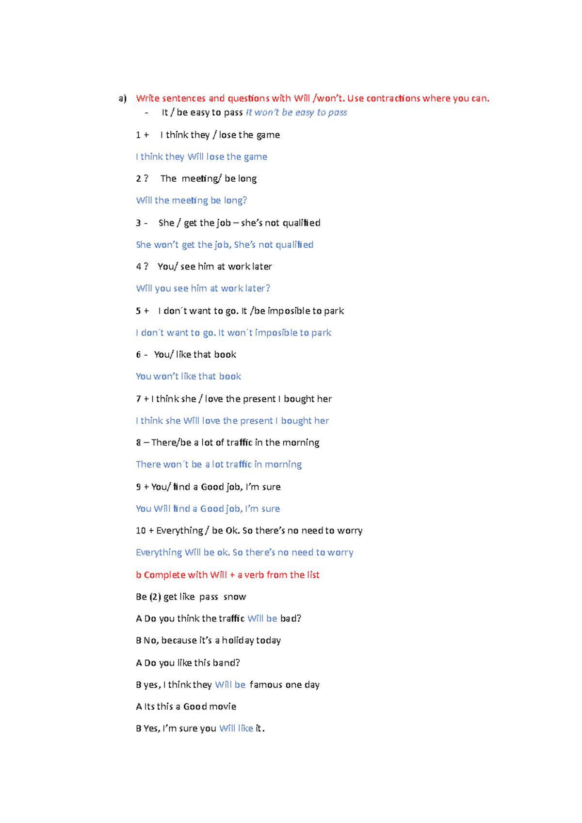 Write sentences and questions with Will - Use contractions where you ...
