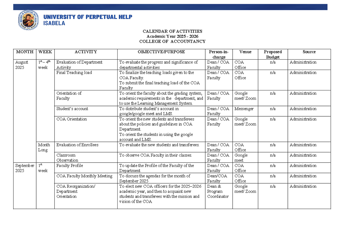 CALENDAR OF ACTIVITIES AY 2025-2026 - COLLEGE OF ACCOUNTANCY - Studocu